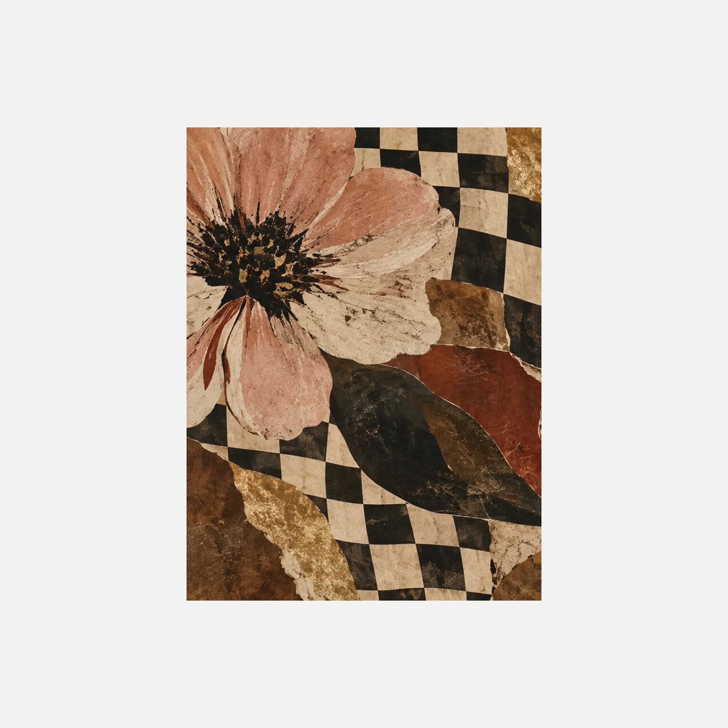 Chessboard Bloom I: una gran flor rosa pálido sobre un damero irregular negro y crema con hojas oscuras, sin marco, sobre fondo neutro.