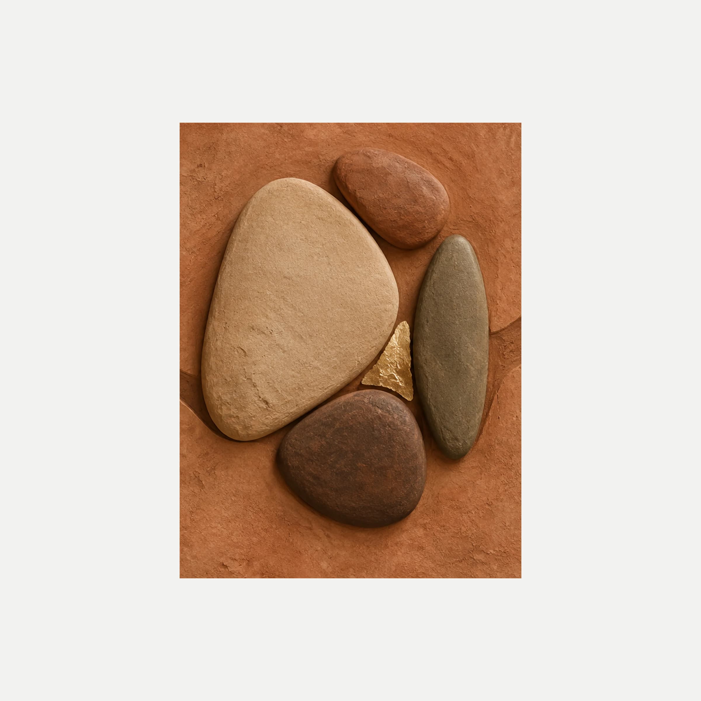 Stone Garden II: una gran piedra clara junto a óvalos terracota, verde oliva y marrón oscuro, sin marco, sobre fondo neutro.
