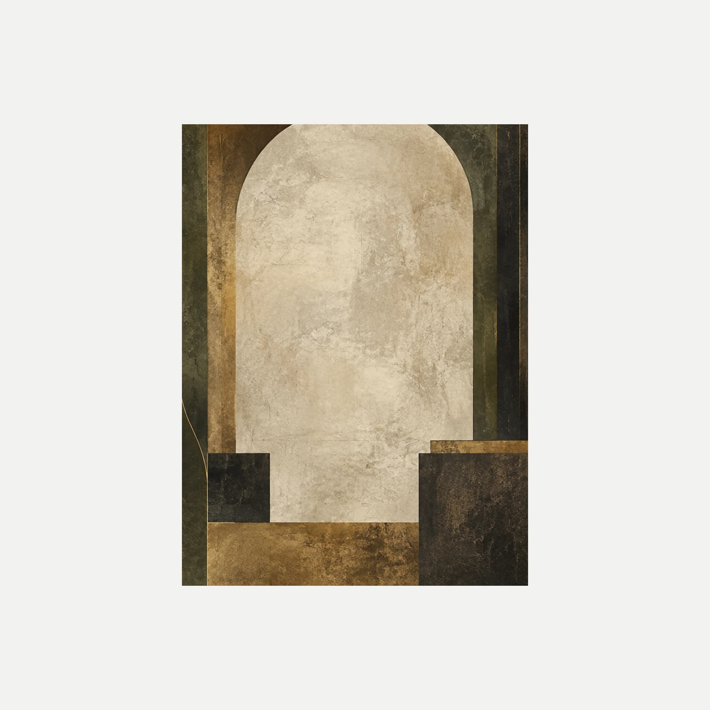 Museum Mantel II: un alto arco crema redondeado sobre bloques escalonados marrones y verde oliva, sin marco, sobre fondo neutro.