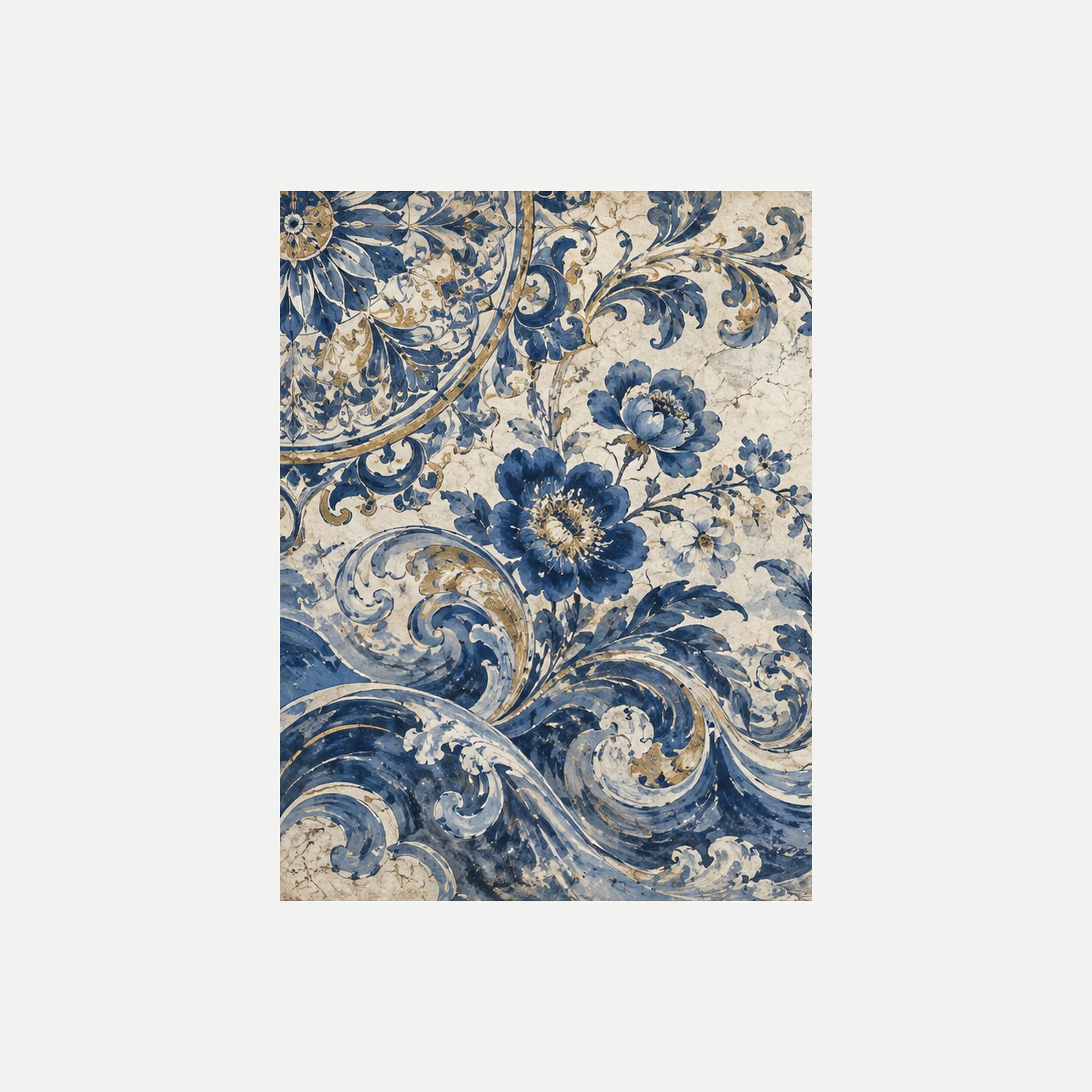 Blue Transfer I: flores y curvas ornamentales azul cobalto sobre crema con ondas en la parte inferior, sin marco, sobre fondo neutro.