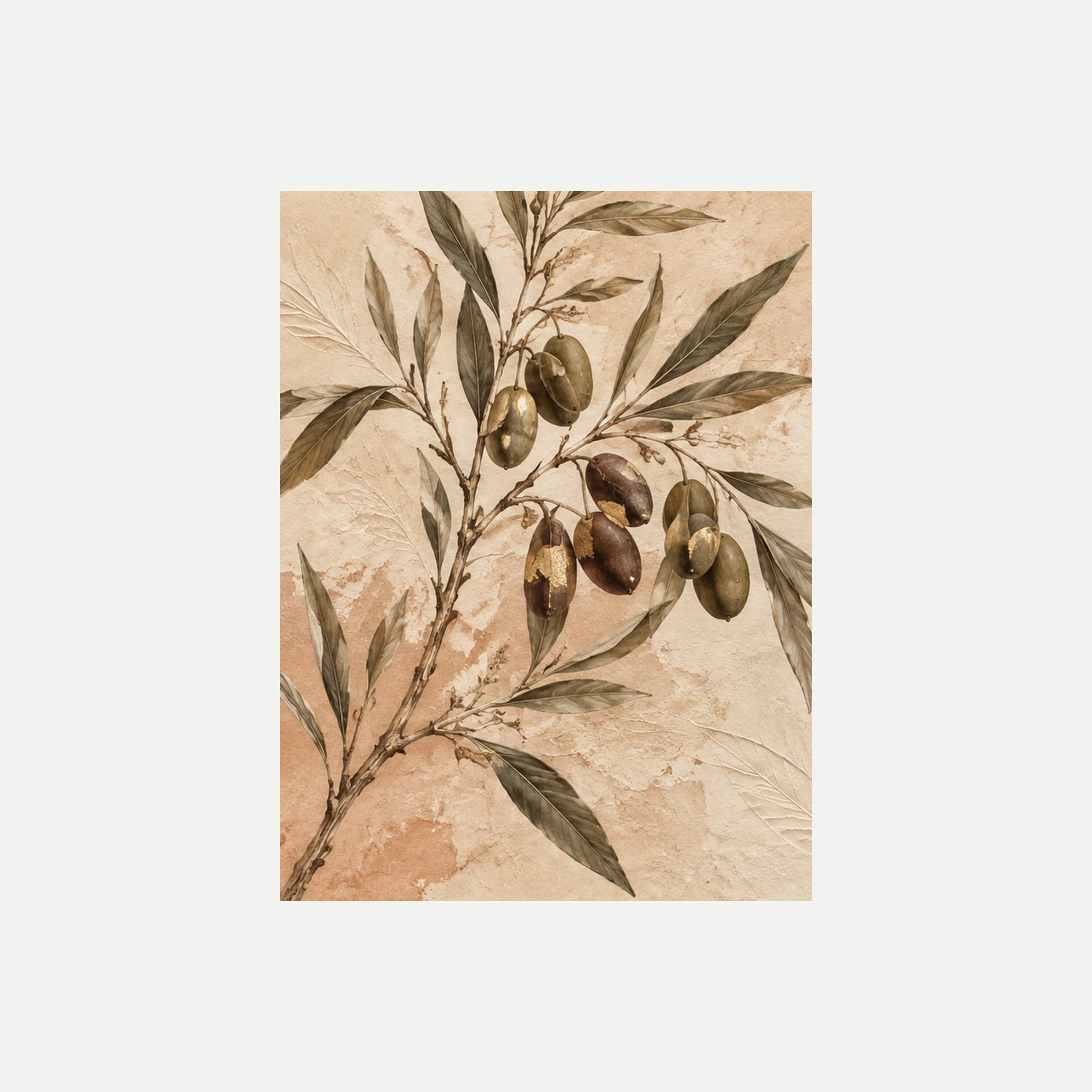 Ramas de secano II: ramas de olivo con hojas puntiagudas y frutos ovalados sobre un fondo beige, sin marco, sobre fondo neutro.
