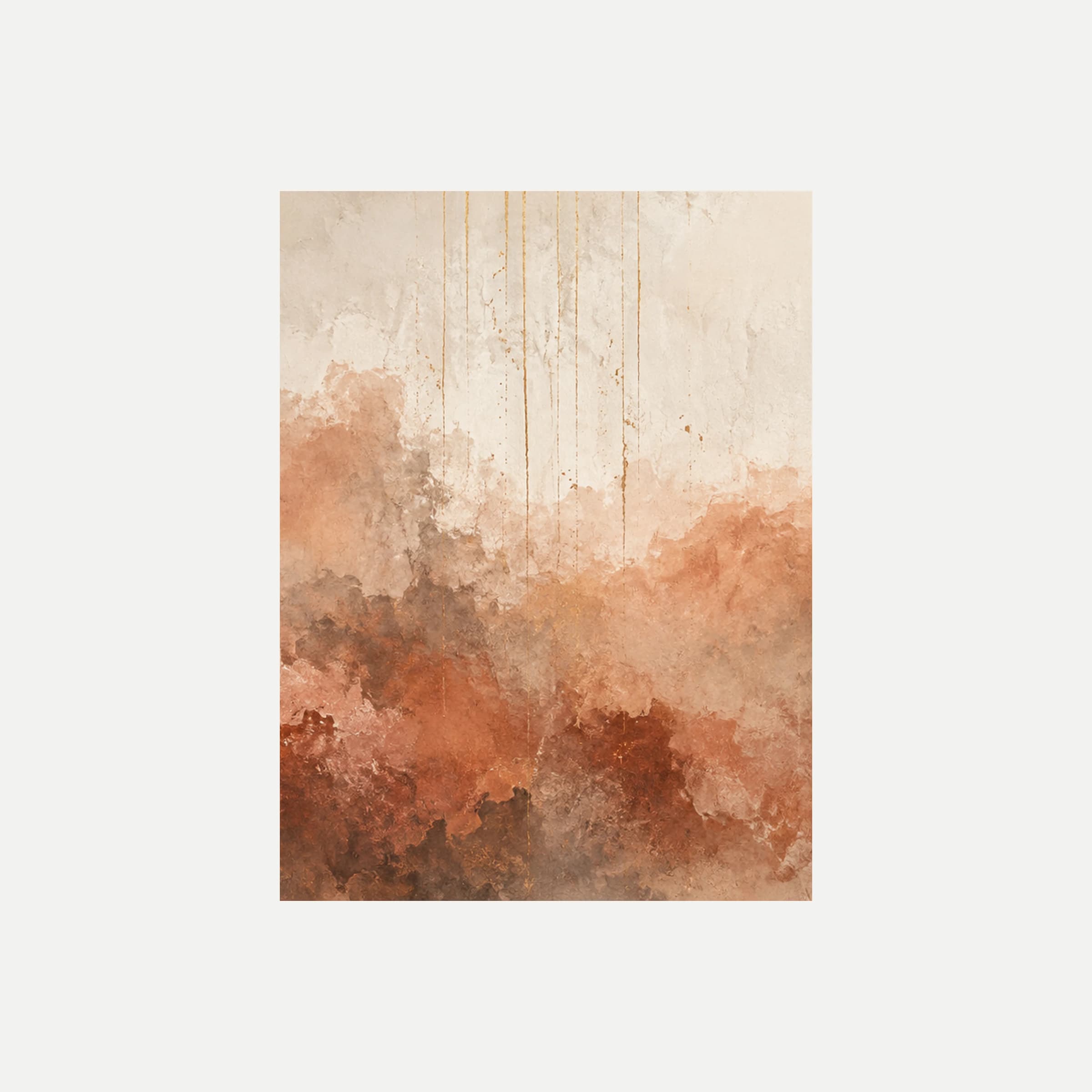 Bruma de siena III: nubes de color melocotón y marrón rojizo bajo una zona crema con líneas finas, sin marco, sobre fondo neutro.