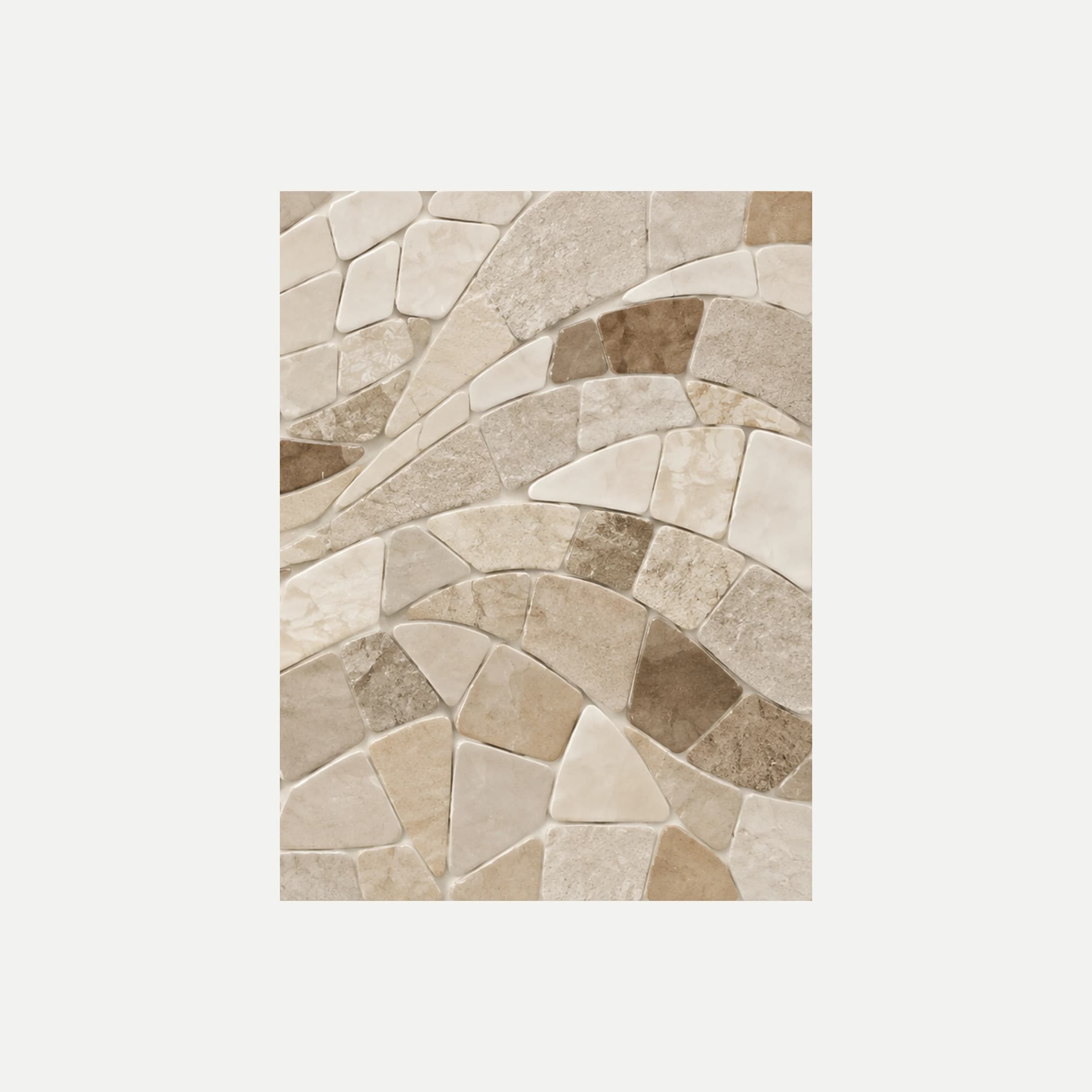 Ecru Mosaic III: curvas de fragmentos crema, beige y marrón de aspecto mineral, sin marco, sobre fondo neutro.