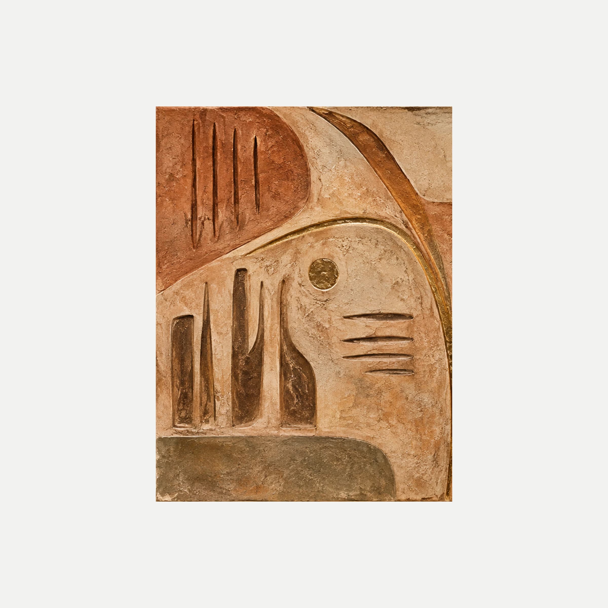 Símbolos de barro I: formas terracota y crema con marcas verticales, un pequeño círculo y tres líneas, sin marco, sobre fondo neutro.