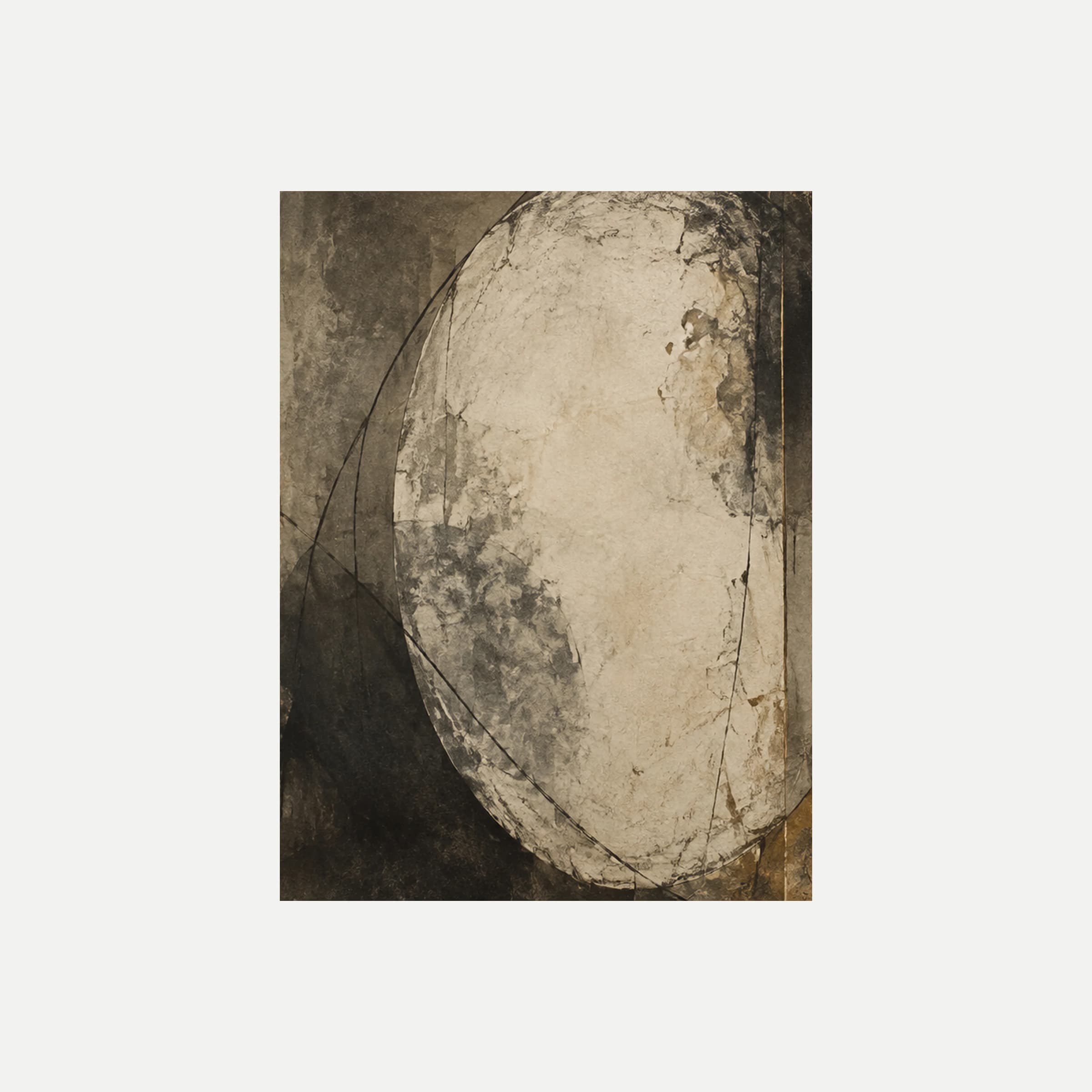 Charcoal Cameo II: un gran óvalo crema rodeado de un fino contorno oscuro sobre zonas color carbón, sin marco, sobre fondo neutro.
