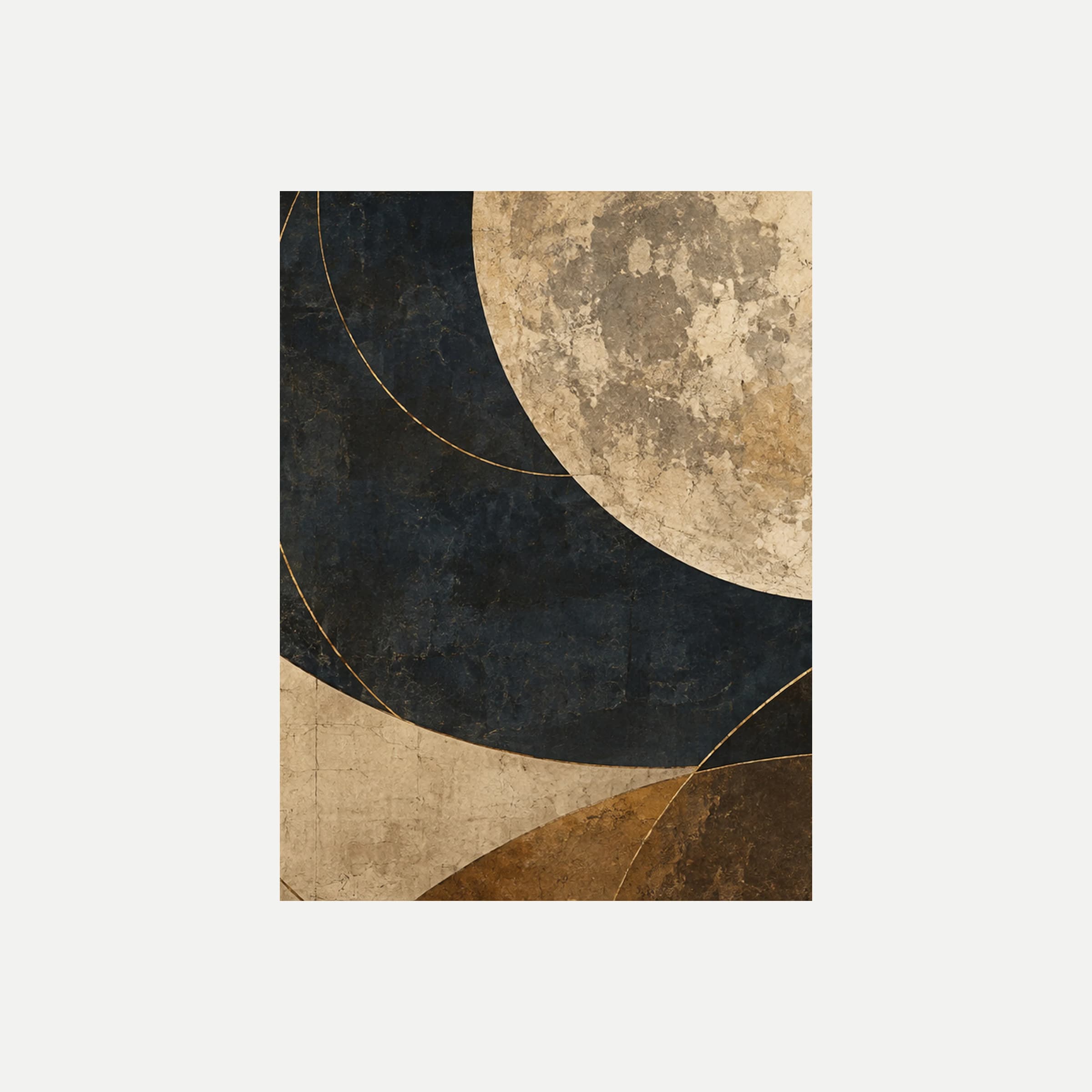Parchment Moon II: un gran círculo crema parcialmente visible sobre una amplia curva azul noche, sin marco, sobre fondo neutro.