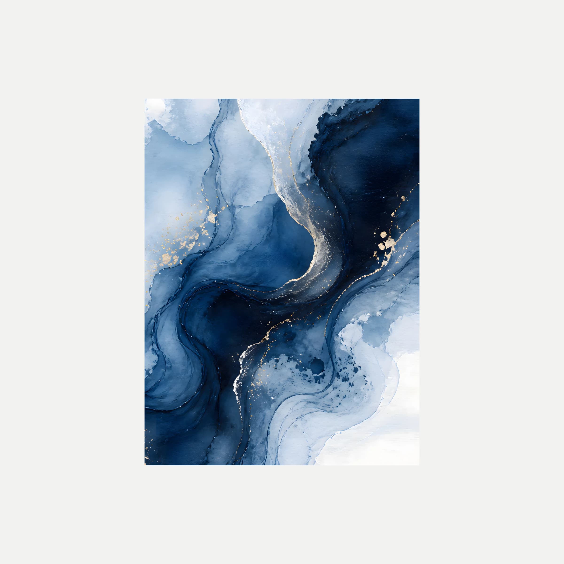 Cobalt Reverie III: un cauce vertical azul oscuro rodeado por curvas azul grisáceo y blanco, sin marco, sobre fondo neutro.