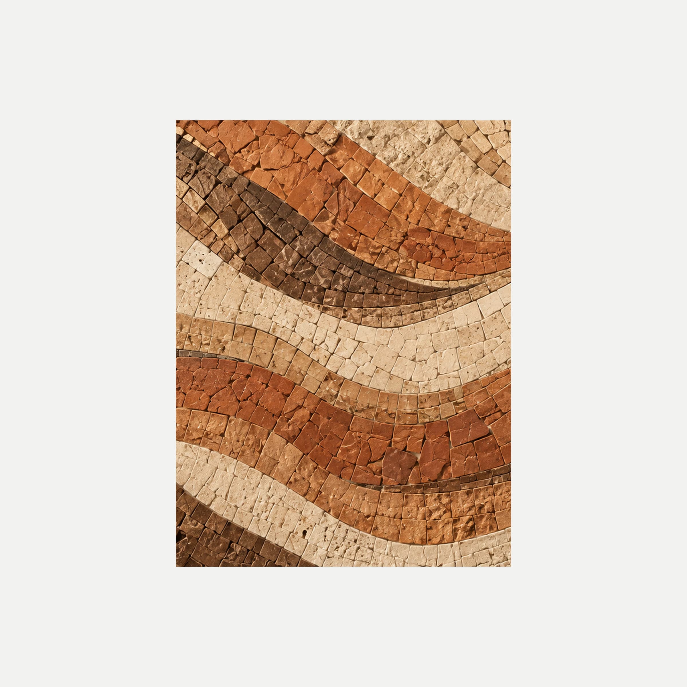 Mosaico de tierra II: una amplia franja curva crema entre bandas de pequeños fragmentos rojos y marrones, sin marco, sobre fondo neutro.
