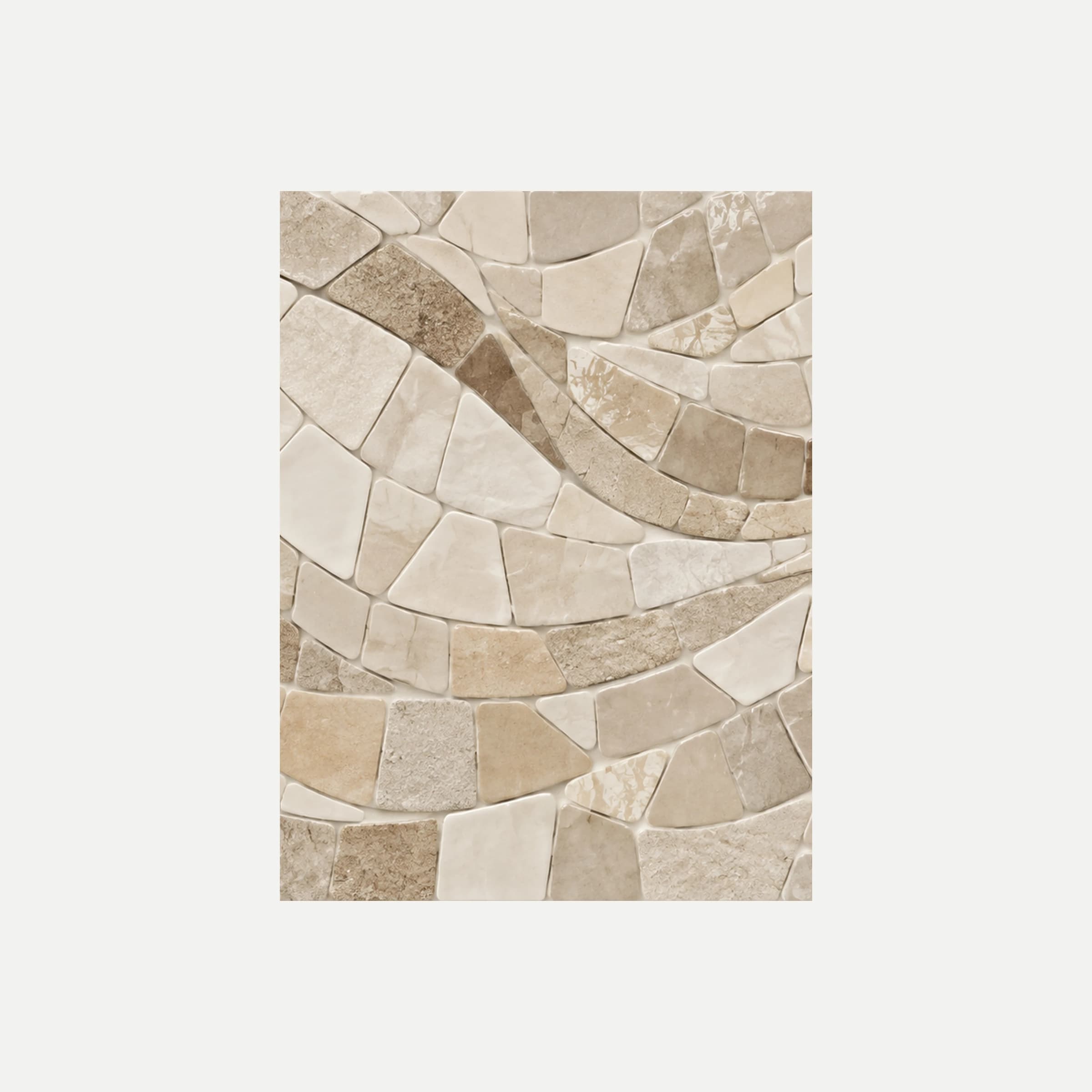 Ecru Mosaic II: una onda de teselas claras entre franjas de tonos arena, sin marco, sobre fondo neutro.