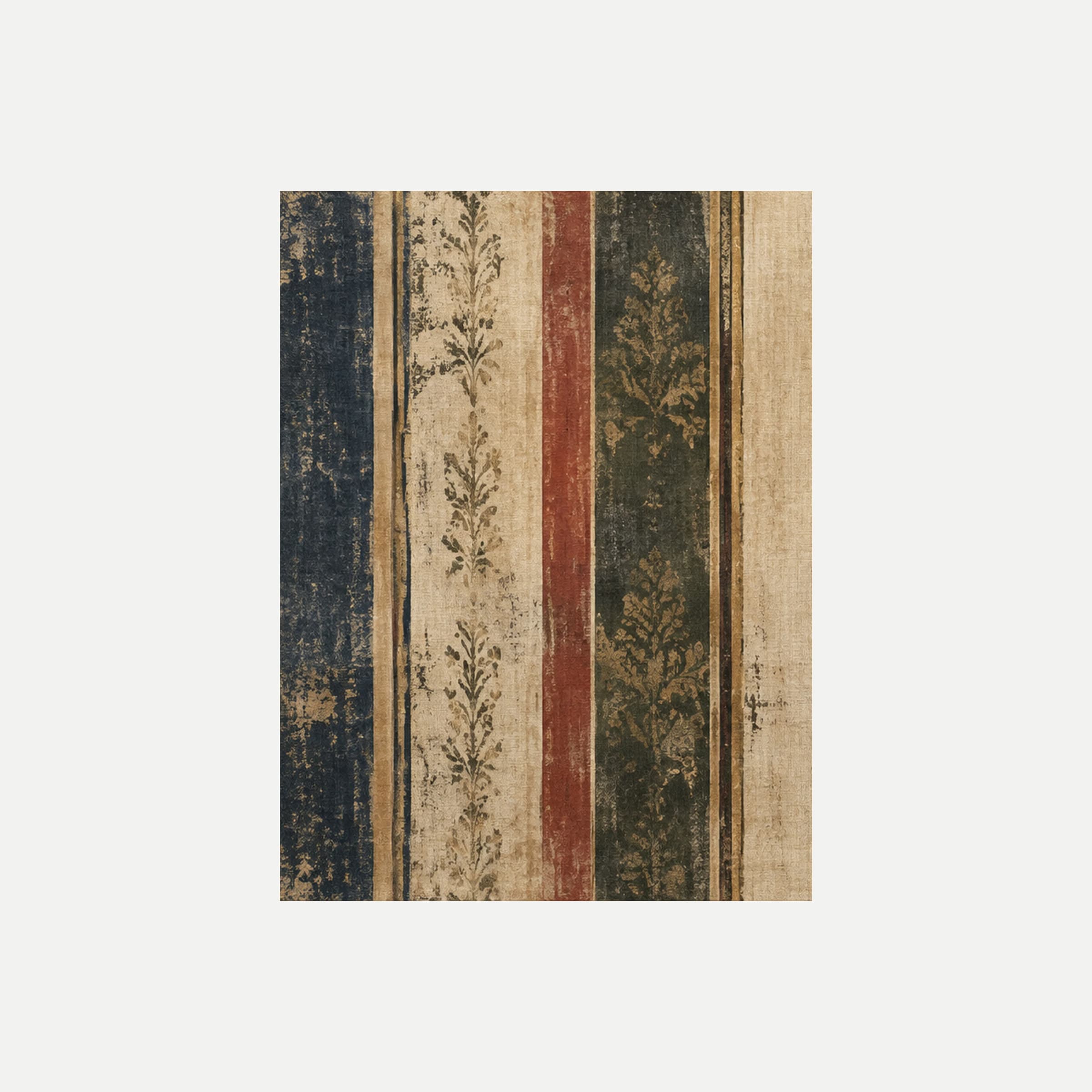 Old World Stripe I: franjas azules, crema y rojizas con pequeños motivos botánicos en una banda clara, sin marco, sobre fondo neutro.