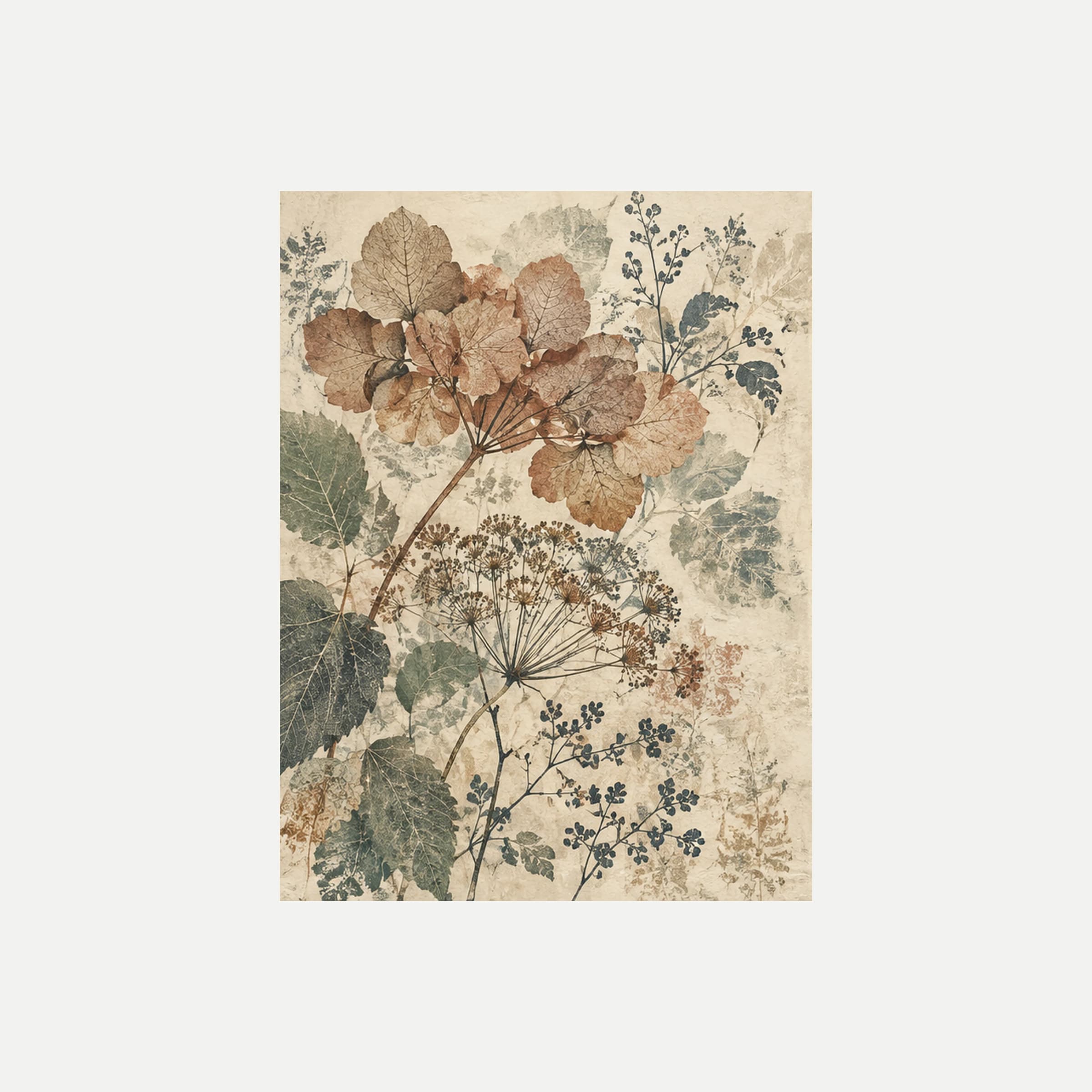 Faded Herbarium I: una gran flor rosa apagado entre pequeñas hojas azuladas y finos tallos de semillas, sin marco, sobre fondo neutro.