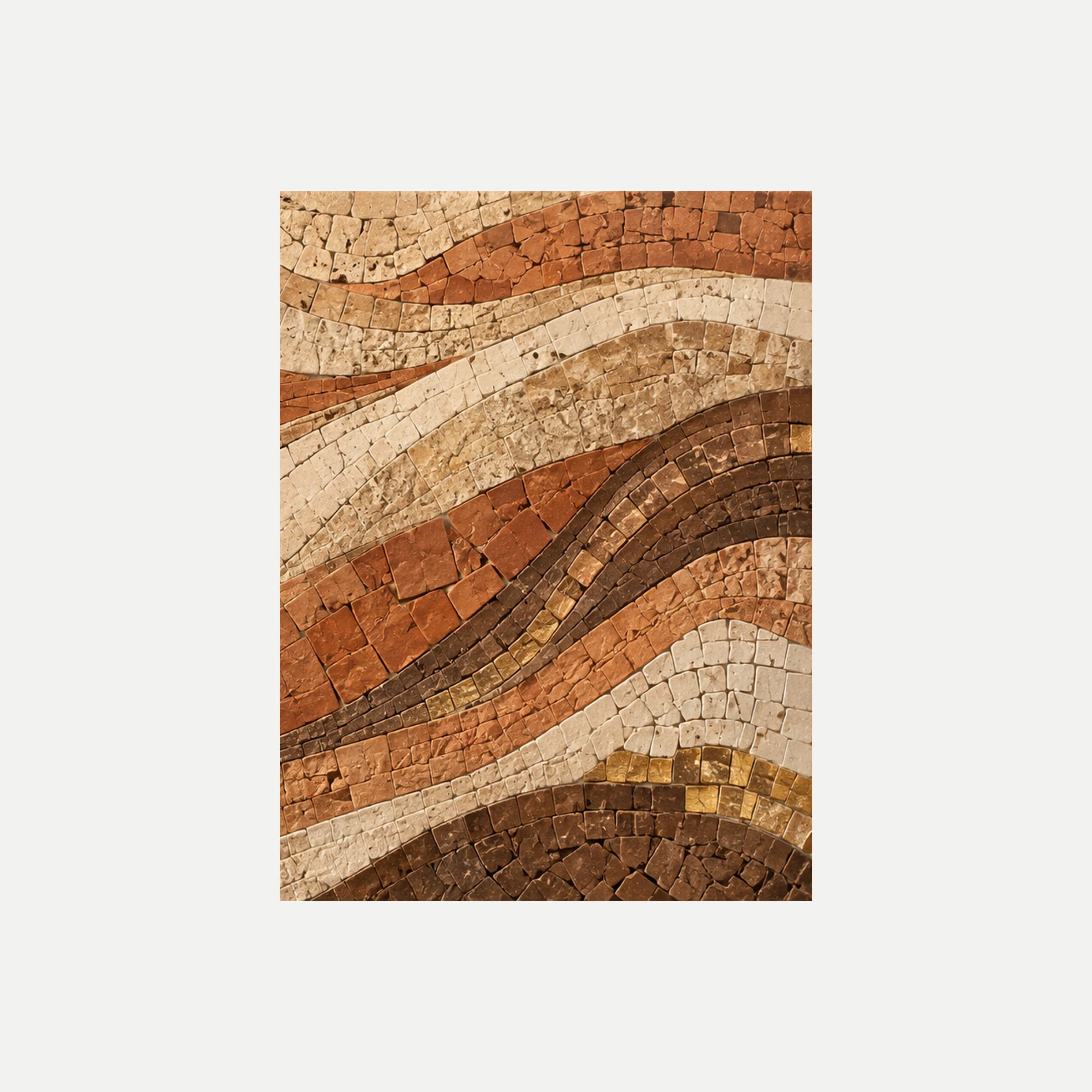 Mosaico de tierra III: bandas ondulantes de fragmentos crema y rojizos que ascienden hacia la derecha, sin marco, sobre fondo neutro.