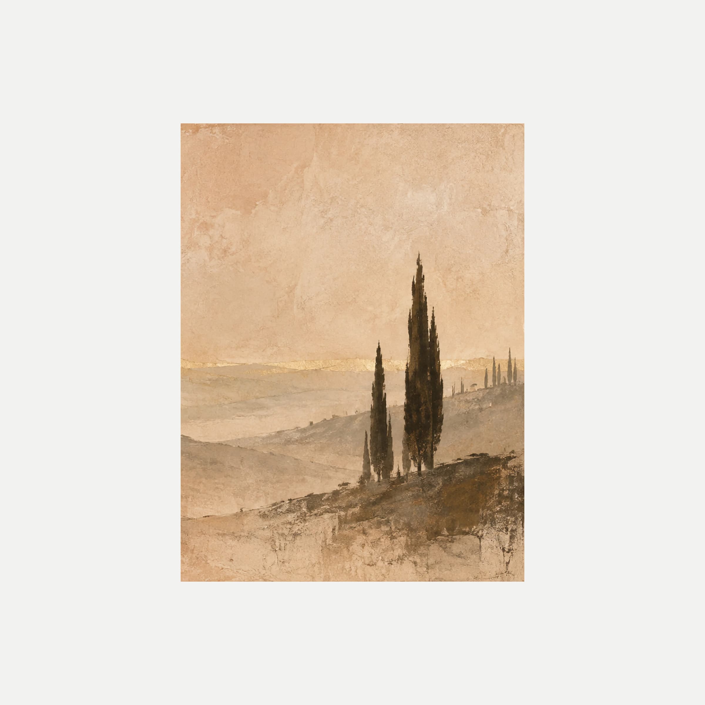 Cipreses de siena III: cipreses altos a la derecha de un valle claro con una fila de árboles lejanos, sin marco, sobre fondo neutro.