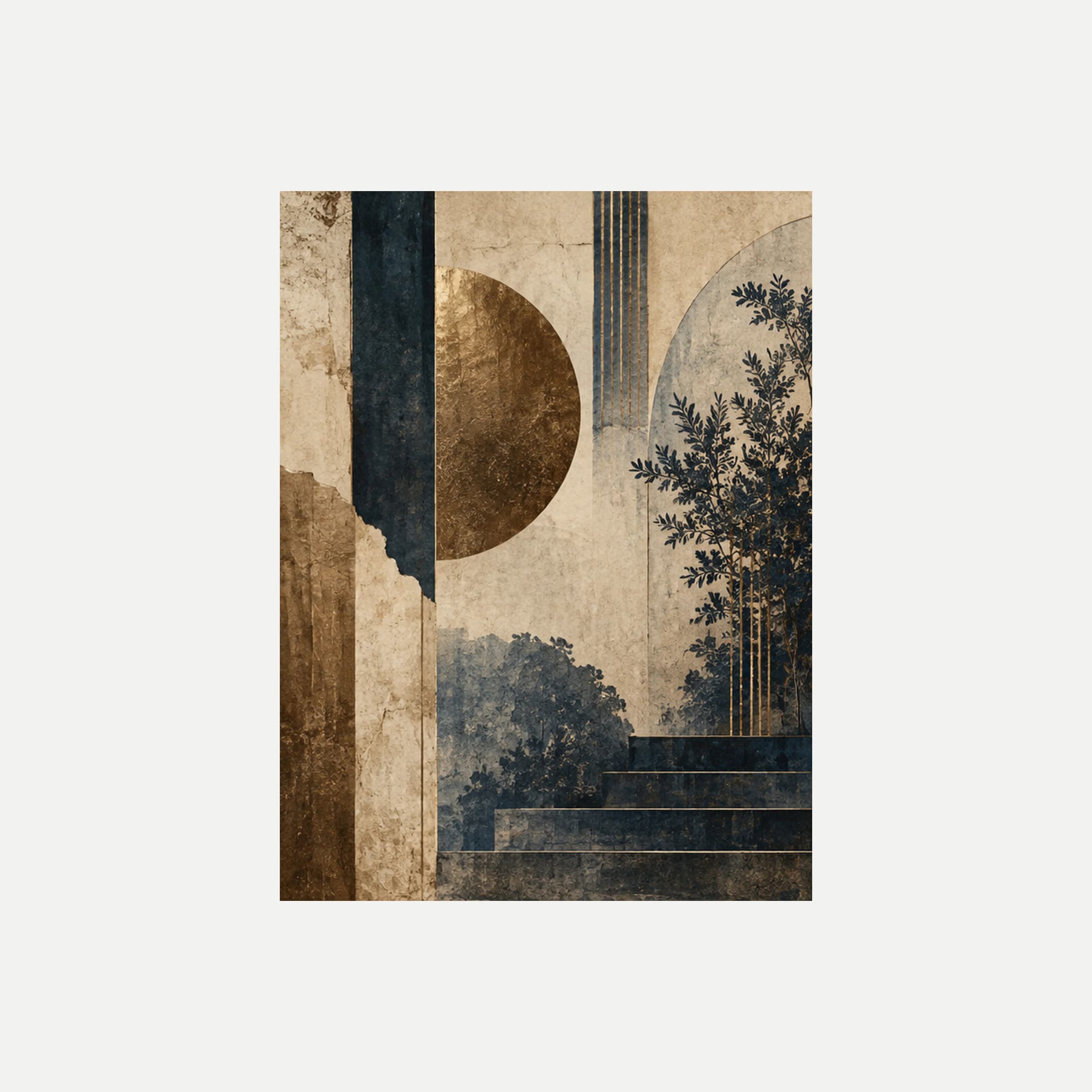 Indigo Ledger III: un semicírculo ocre entre franjas azules junto a árboles oscuros y escalones, sin marco, sobre fondo neutro.