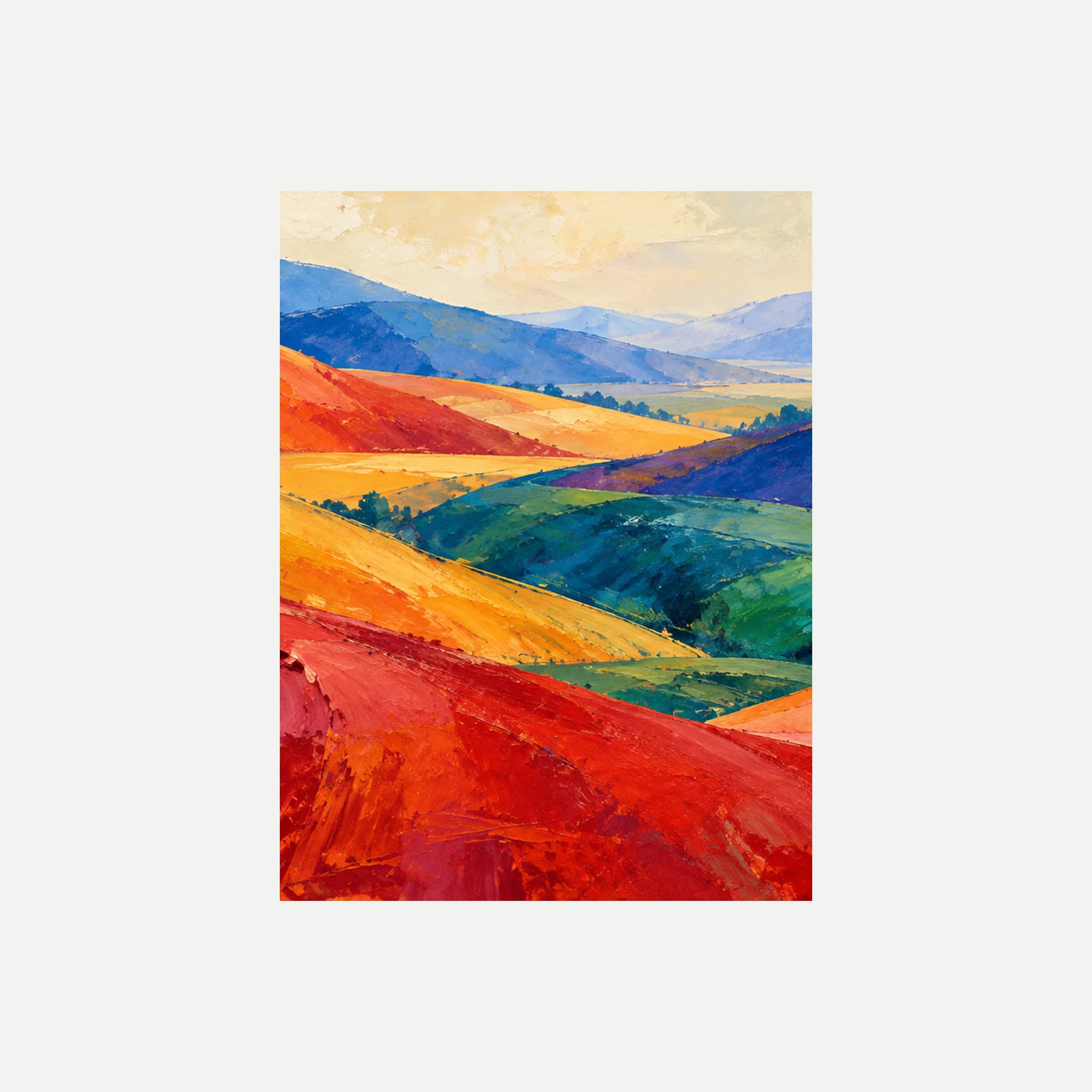Horizonte fauvista II: una ladera roja y naranja frente a un valle verde y montañas azules lejanas, sin marco, sobre fondo neutro.