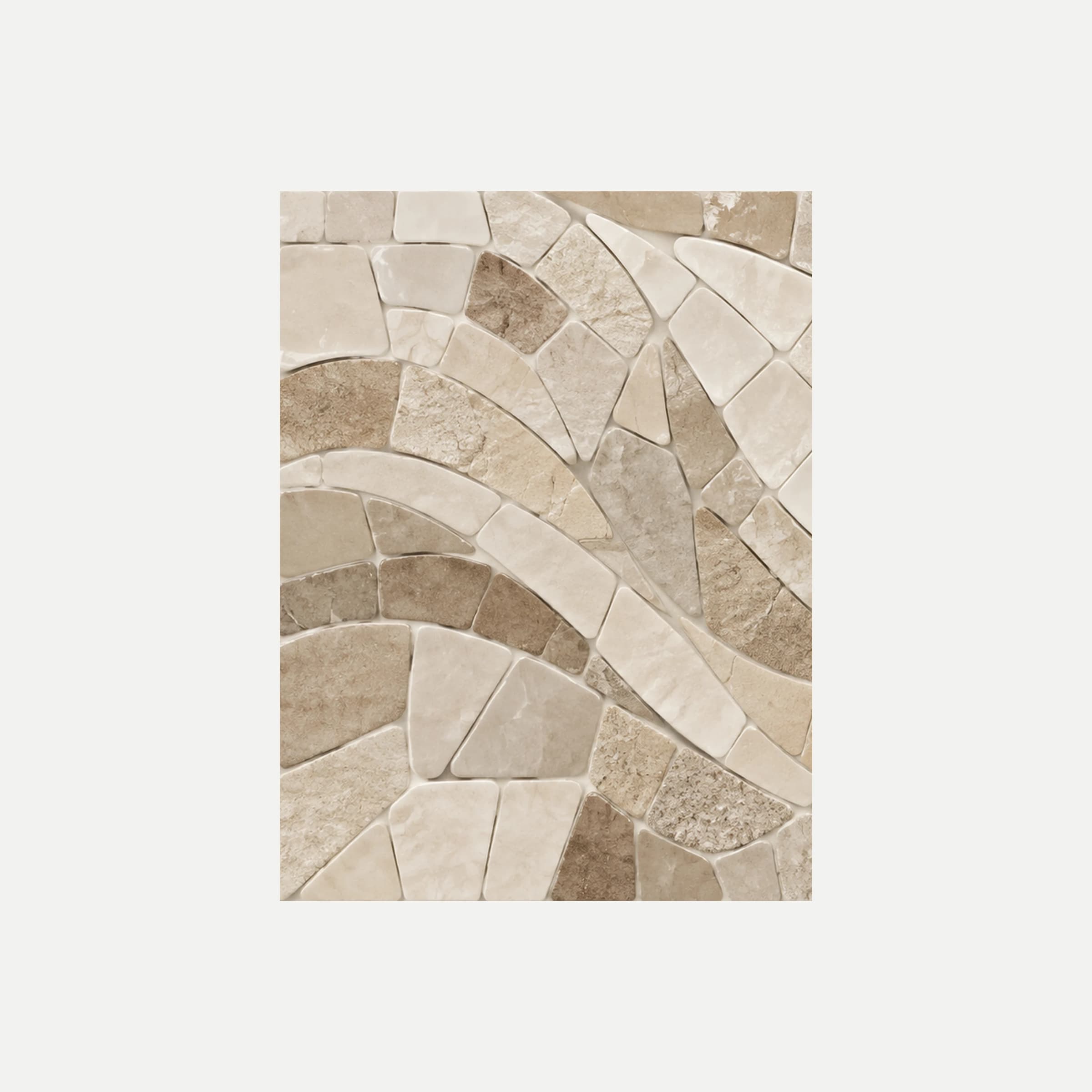 Ecru Mosaic I: pequeñas piezas crema y beige que forman bandas curvas de mosaico, sin marco, sobre fondo neutro.
