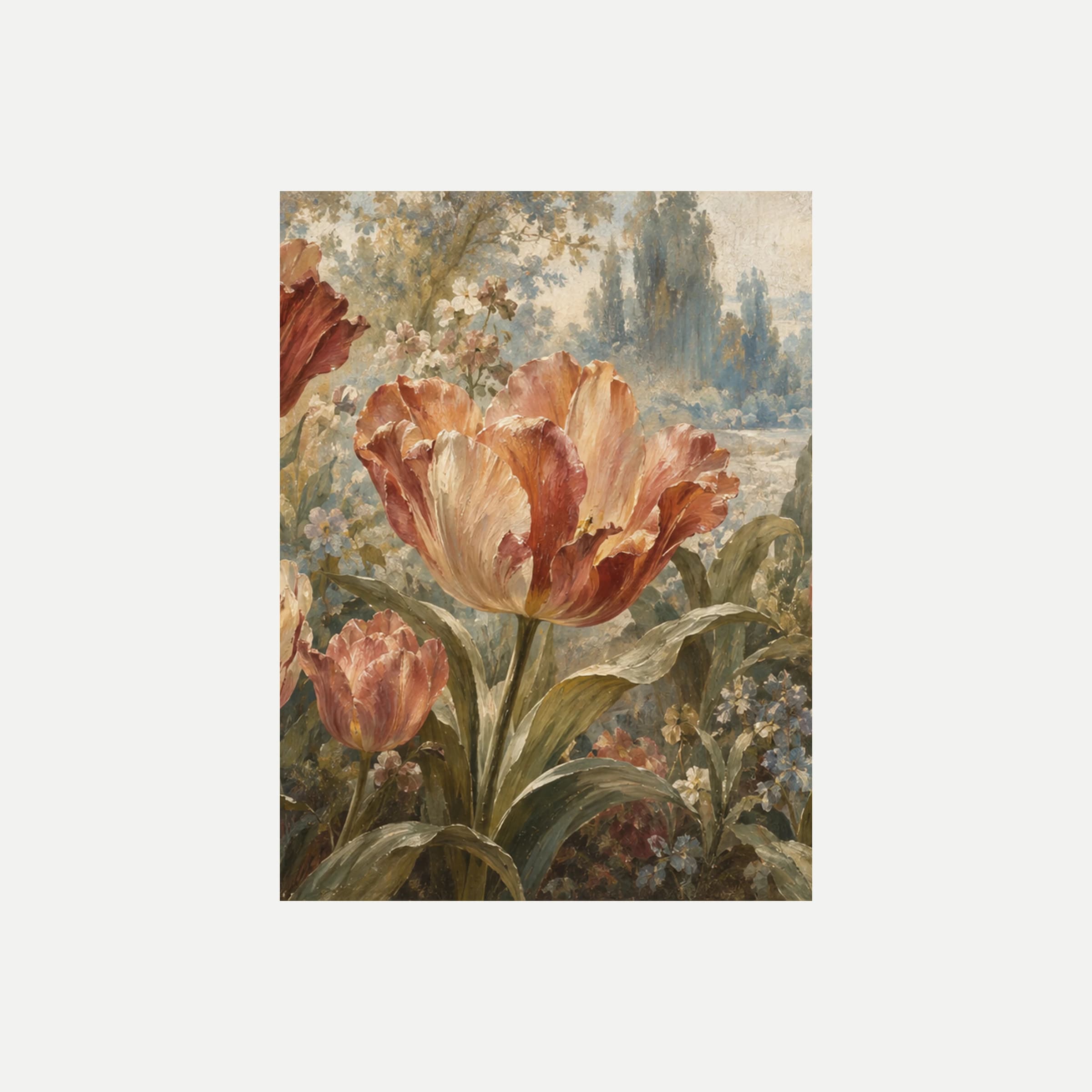 Jardín velado II: un tulipán abierto melocotón y rojizo de bordes crema entre hojas y pequeños capullos, sin marco, sobre fondo neutro.