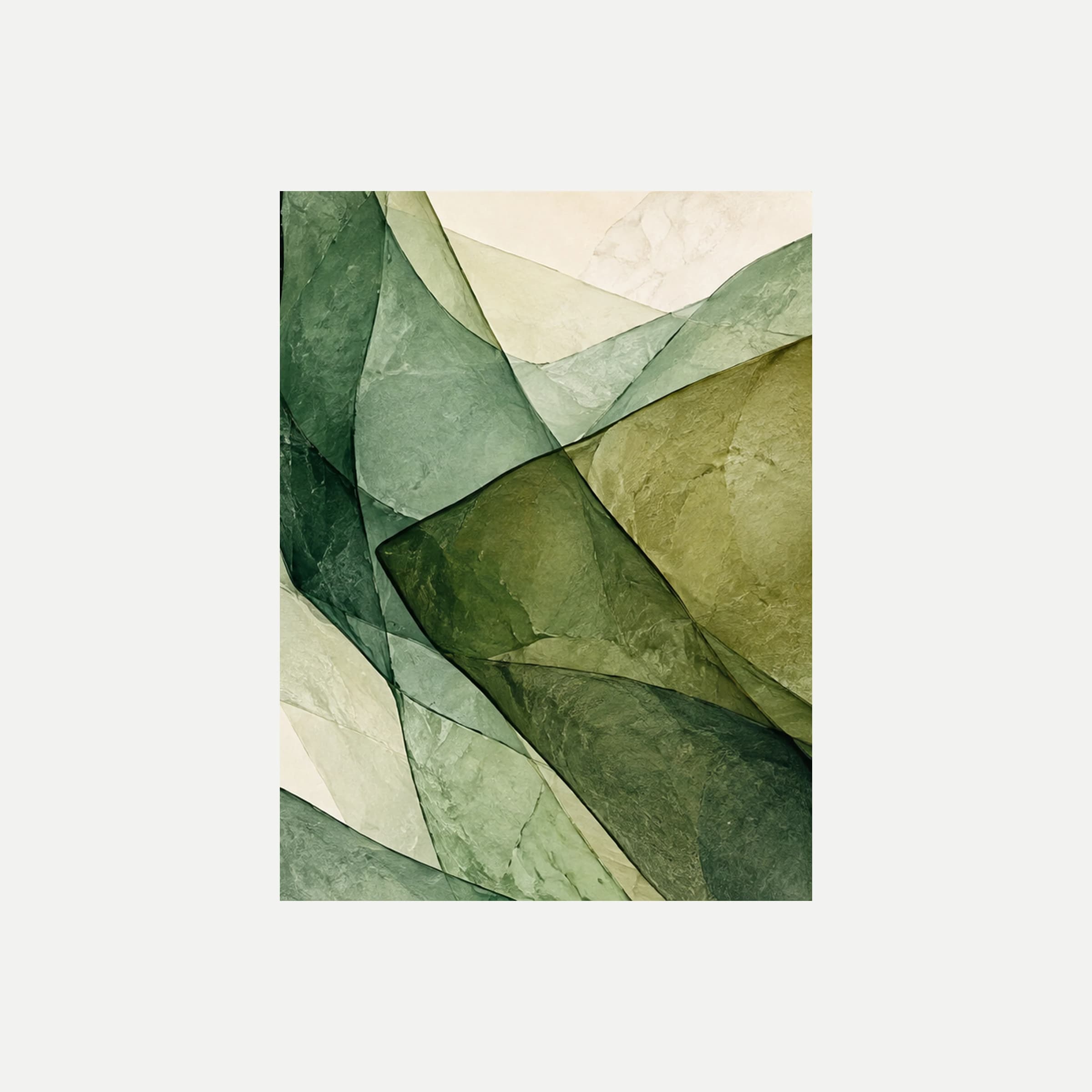 Chlorophyll Veil III: superficies verdes angulosas y curvas que se cruzan sobre un fondo claro, sin marco, sobre fondo neutro.