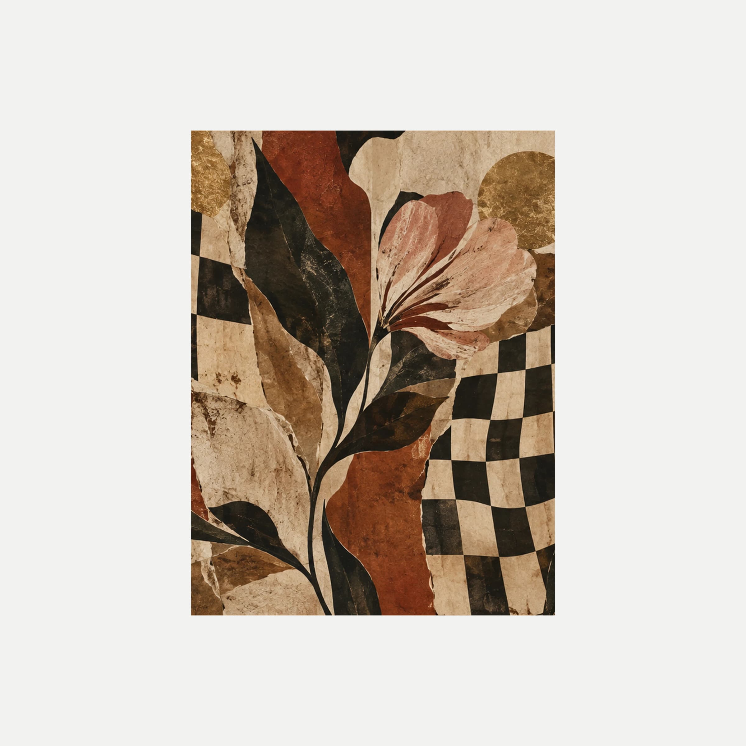 Chessboard Bloom II: una flor rosa erguida entre grandes hojas oscuras y un damero negro y crema, sin marco, sobre fondo neutro.