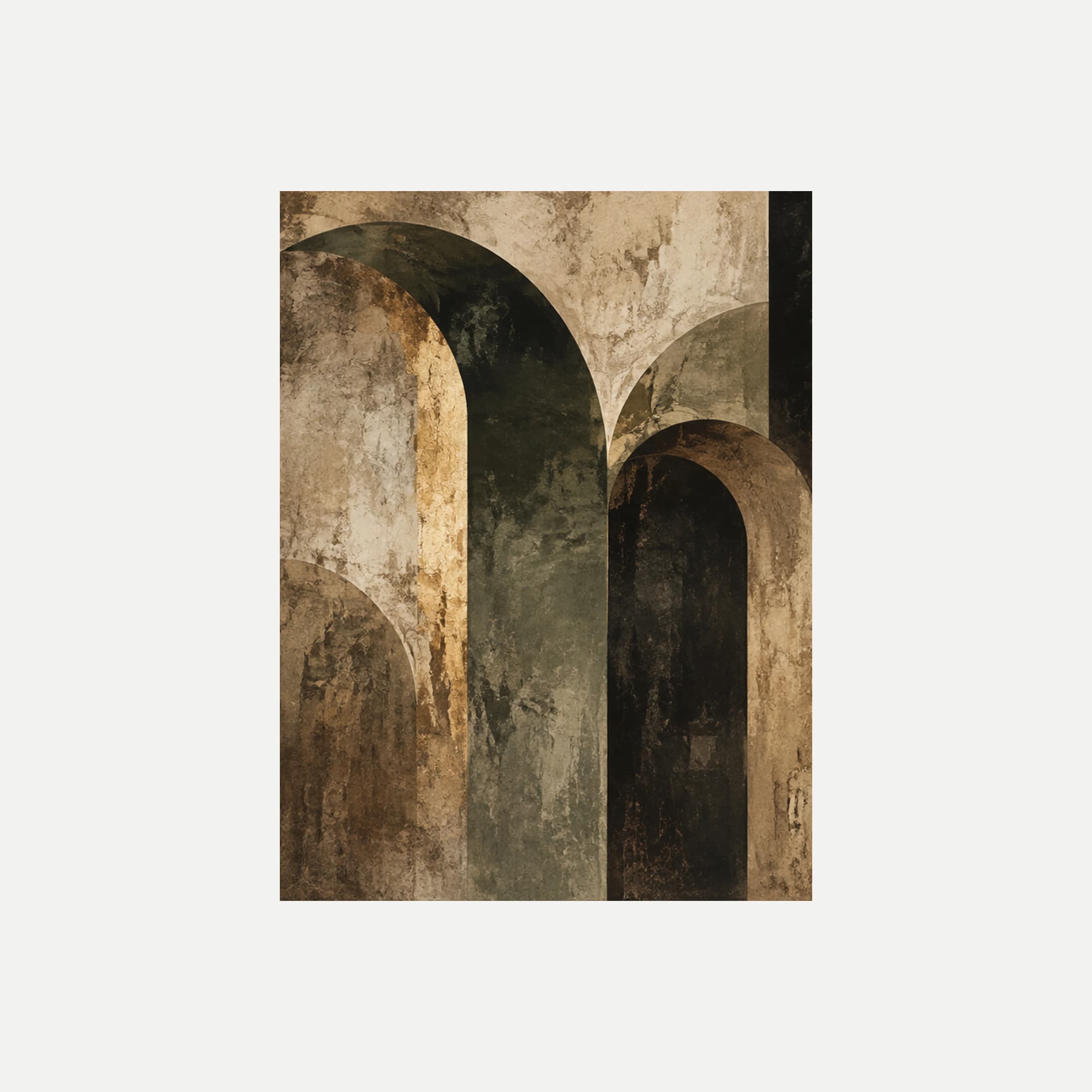 Antiquarian Arch I: arcos altos color crema alrededor de aberturas oscuras en tonos oliva y marrón, sin marco, sobre fondo neutro.