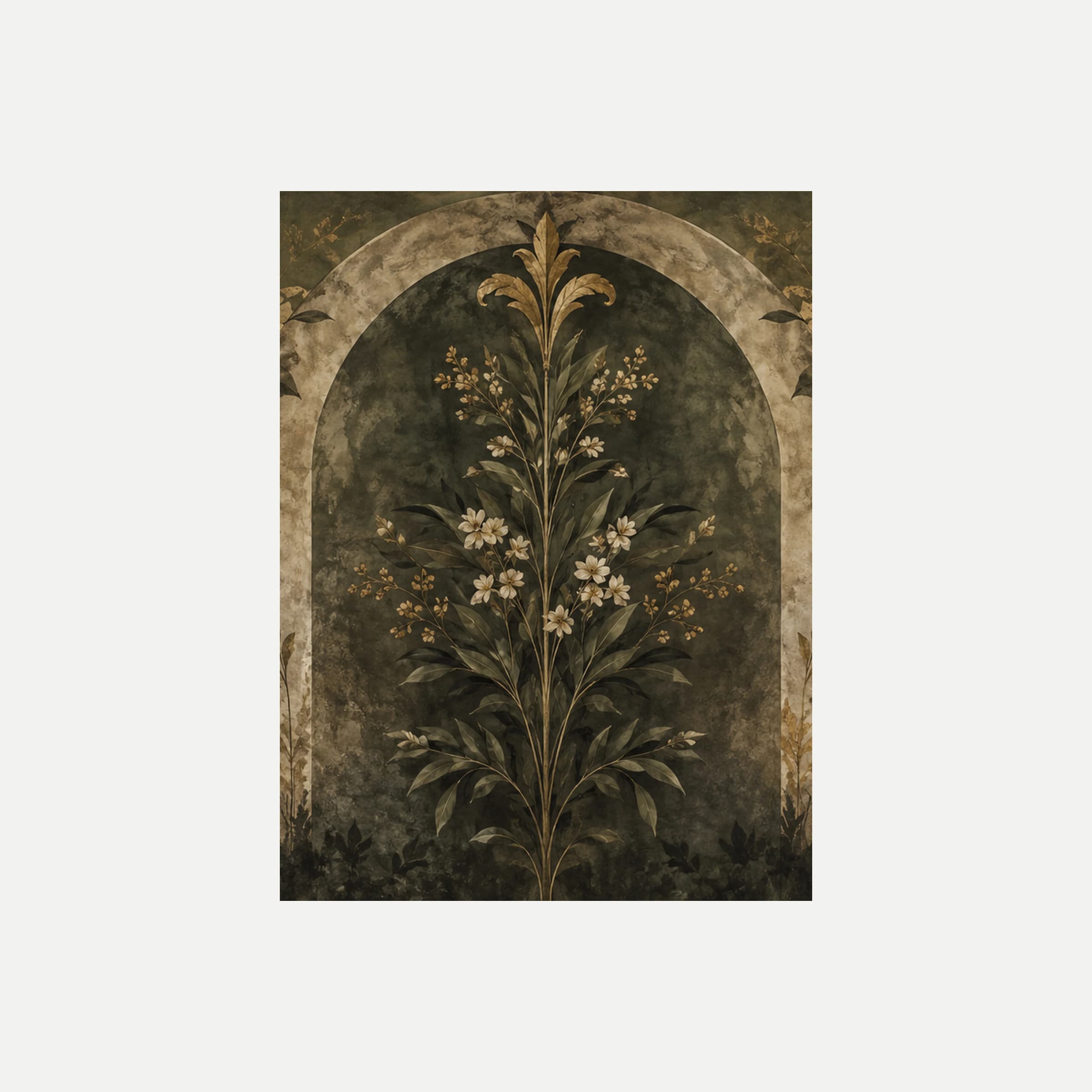 Botanical Sconce II: un tallo central de pequeñas flores crema sobre un arco oscuro con un adorno ocre, sin marco, sobre fondo neutro.