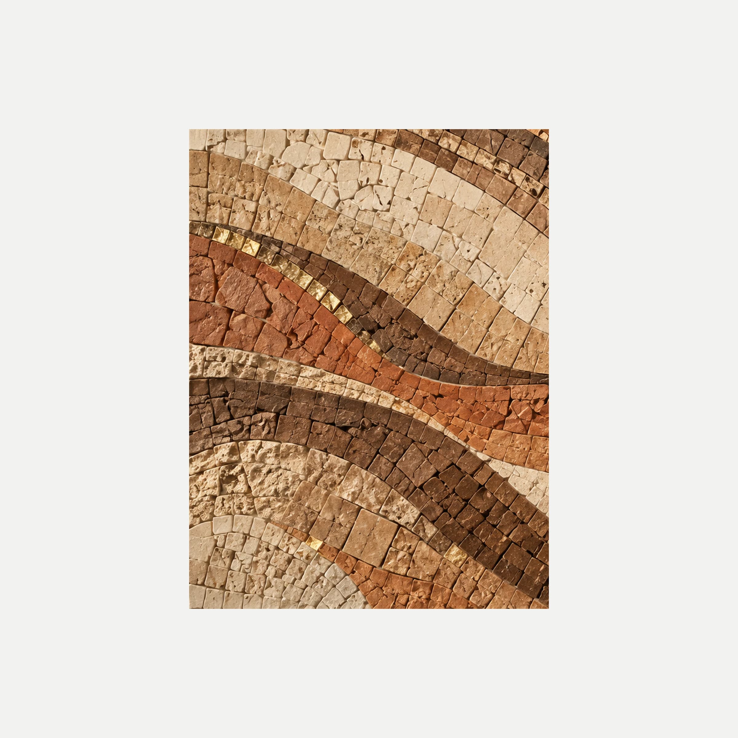 Mosaico de tierra I: ondas diagonales de pequeños fragmentos crema, terracota y marrón oscuro, sin marco, sobre fondo neutro.