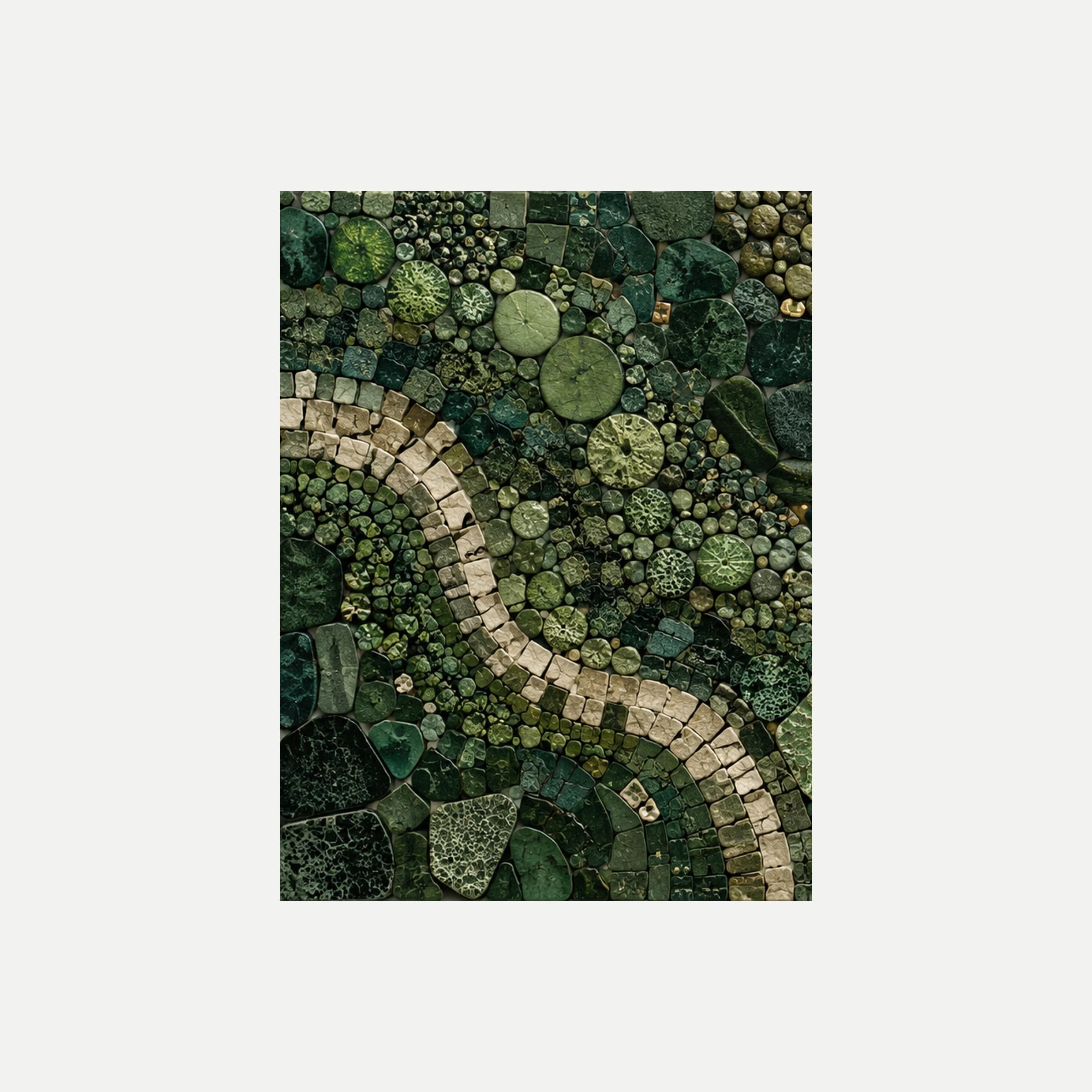 Forest Floor Tesserae I: pequeñas piezas verdes redondeadas atravesadas por una franja clara, sin marco, sobre fondo neutro.
