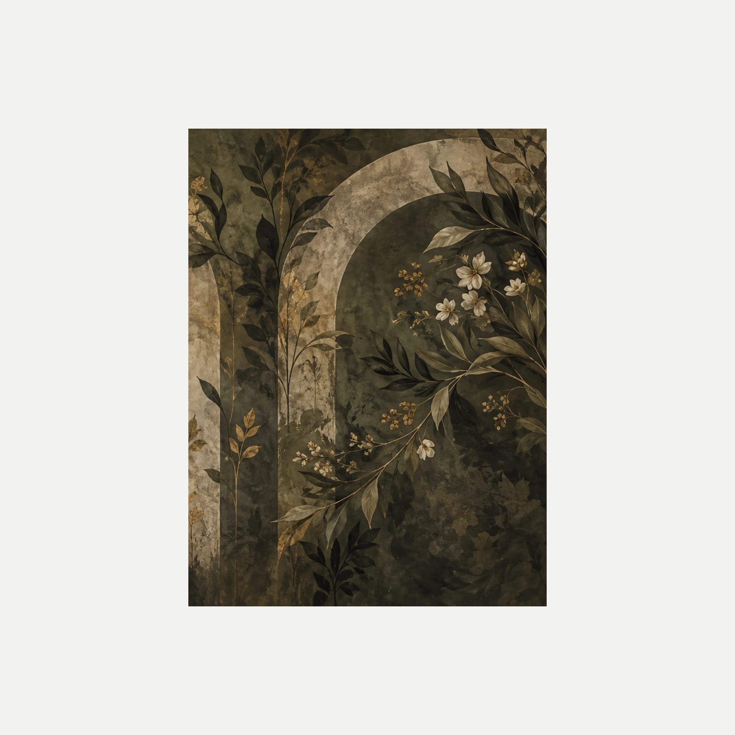 Botanical Sconce III: un arco crema y verde oliva rodeado de hojas oscuras y pequeños grupos de flores claras, sin marco, sobre fondo neutro.
