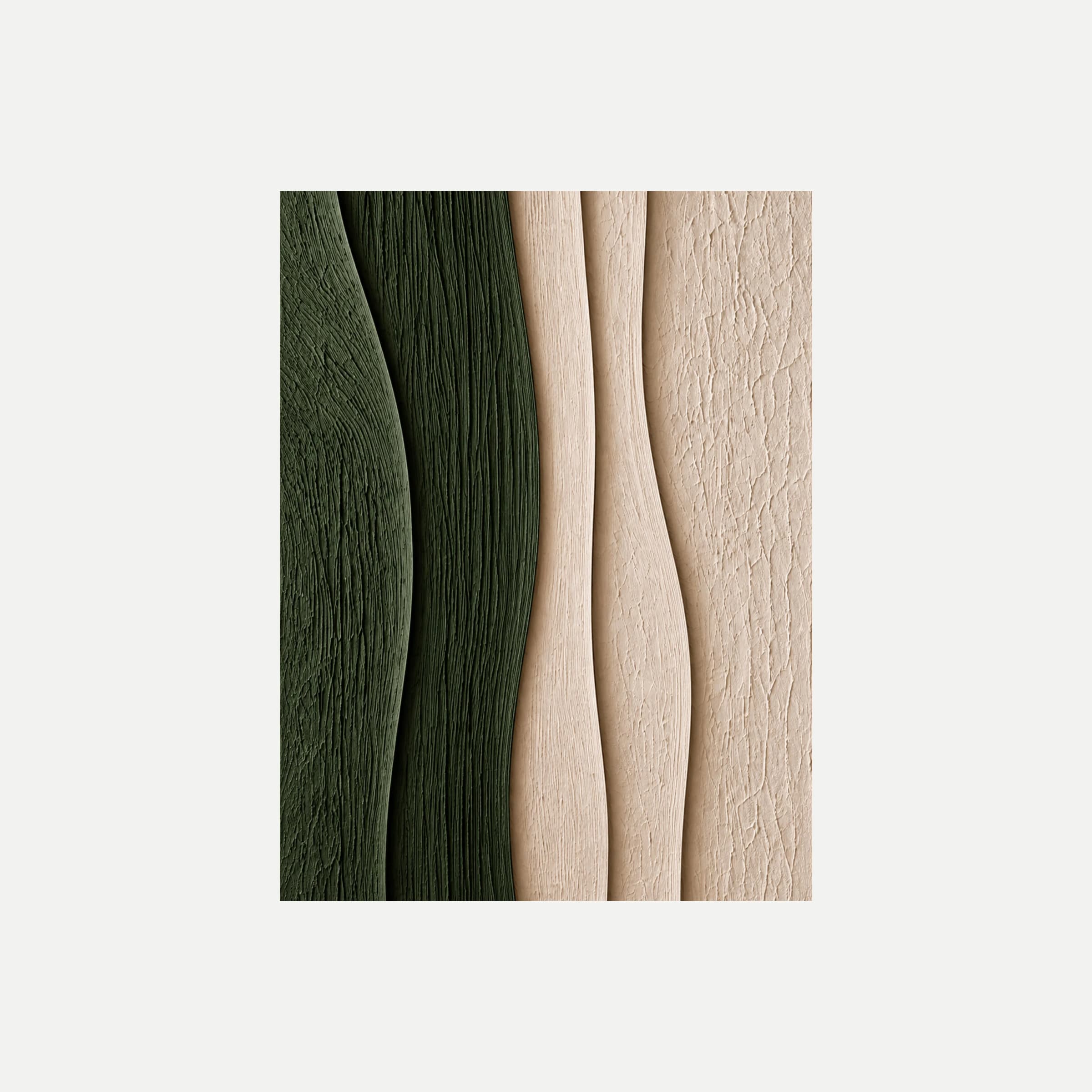 Verdant Relief I: bandas verticales verdes y beige con ondulaciones y textura representada, sin marco, sobre fondo neutro.