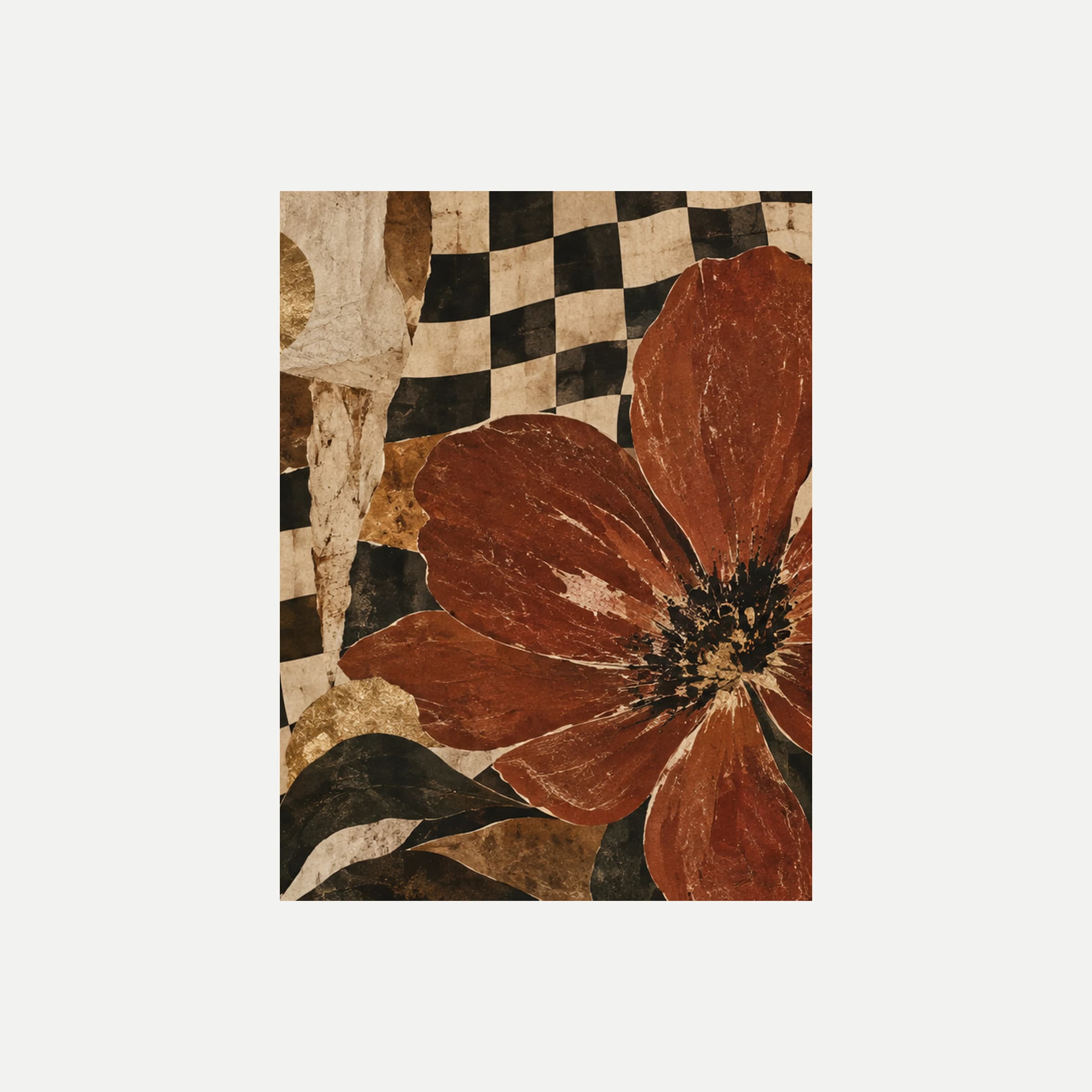 Chessboard Bloom III: una gran flor roja parcialmente visible sobre un damero oscuro y zonas crema, sin marco, sobre fondo neutro.