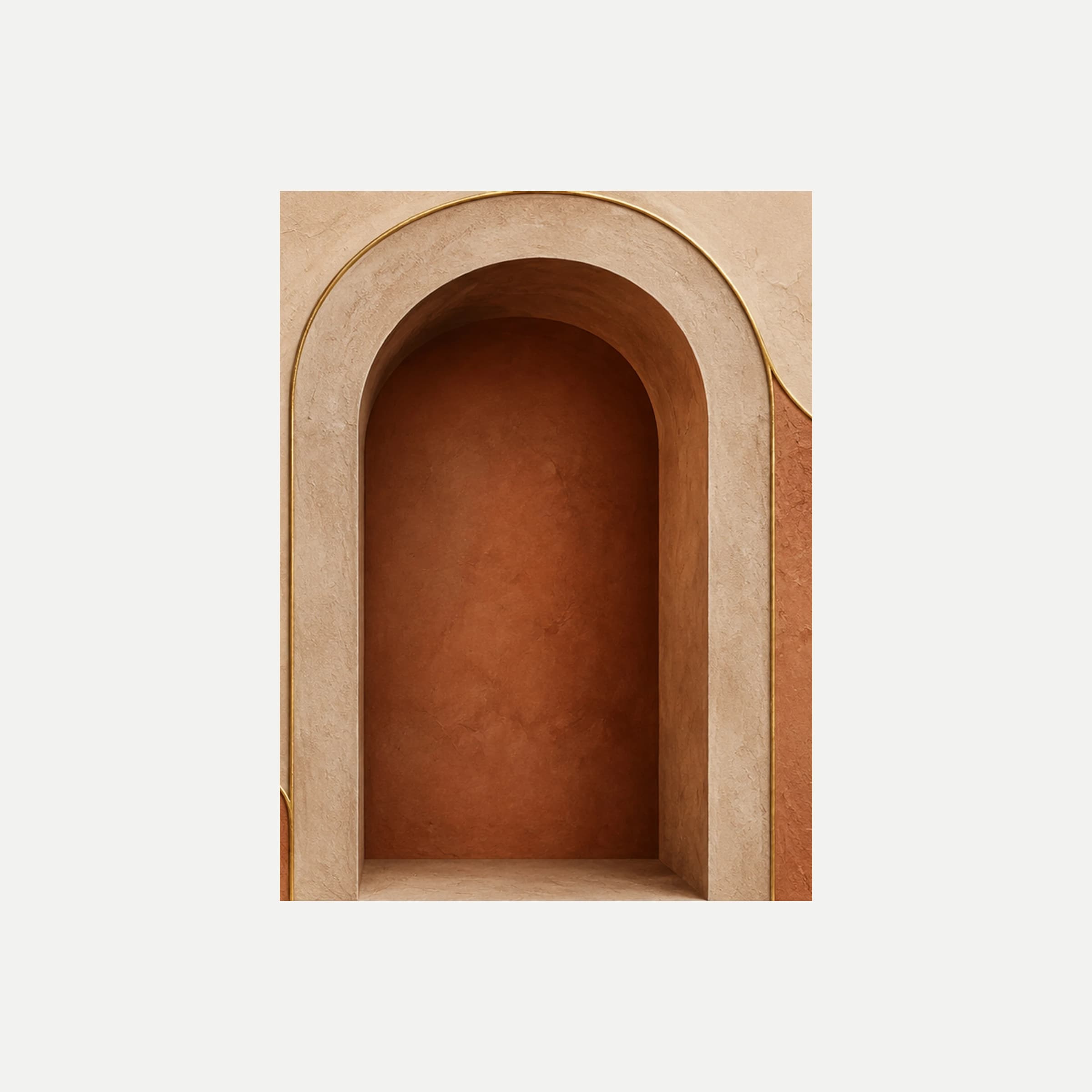 Umbrales de arcilla II: una hornacina de arco redondo con interior terracota y un amplio contorno crema, sin marco, sobre fondo neutro.