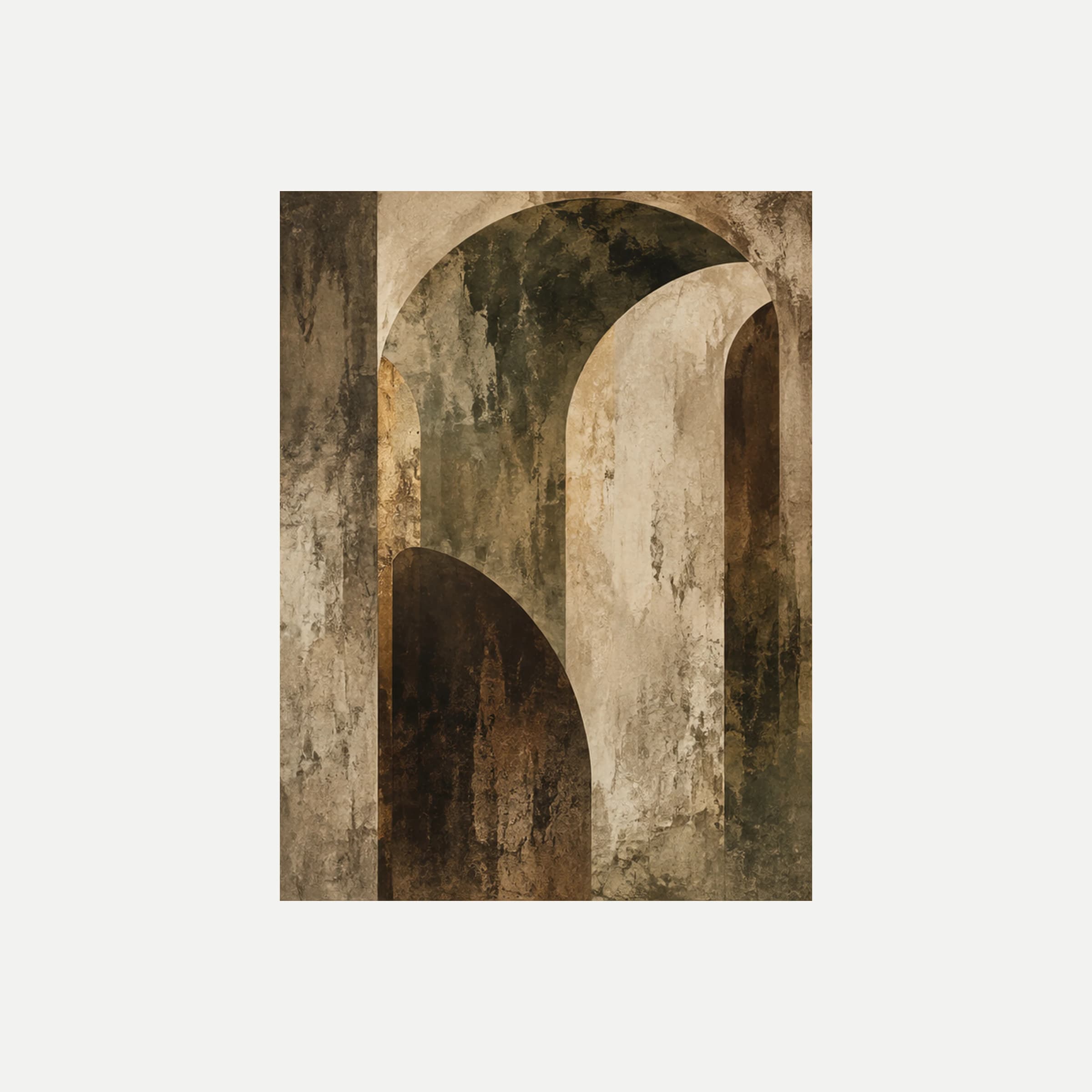 Antiquarian Arch III: un amplio arco verde oliva enmarca un paso claro junto a una abertura marrón, sin marco, sobre fondo neutro.