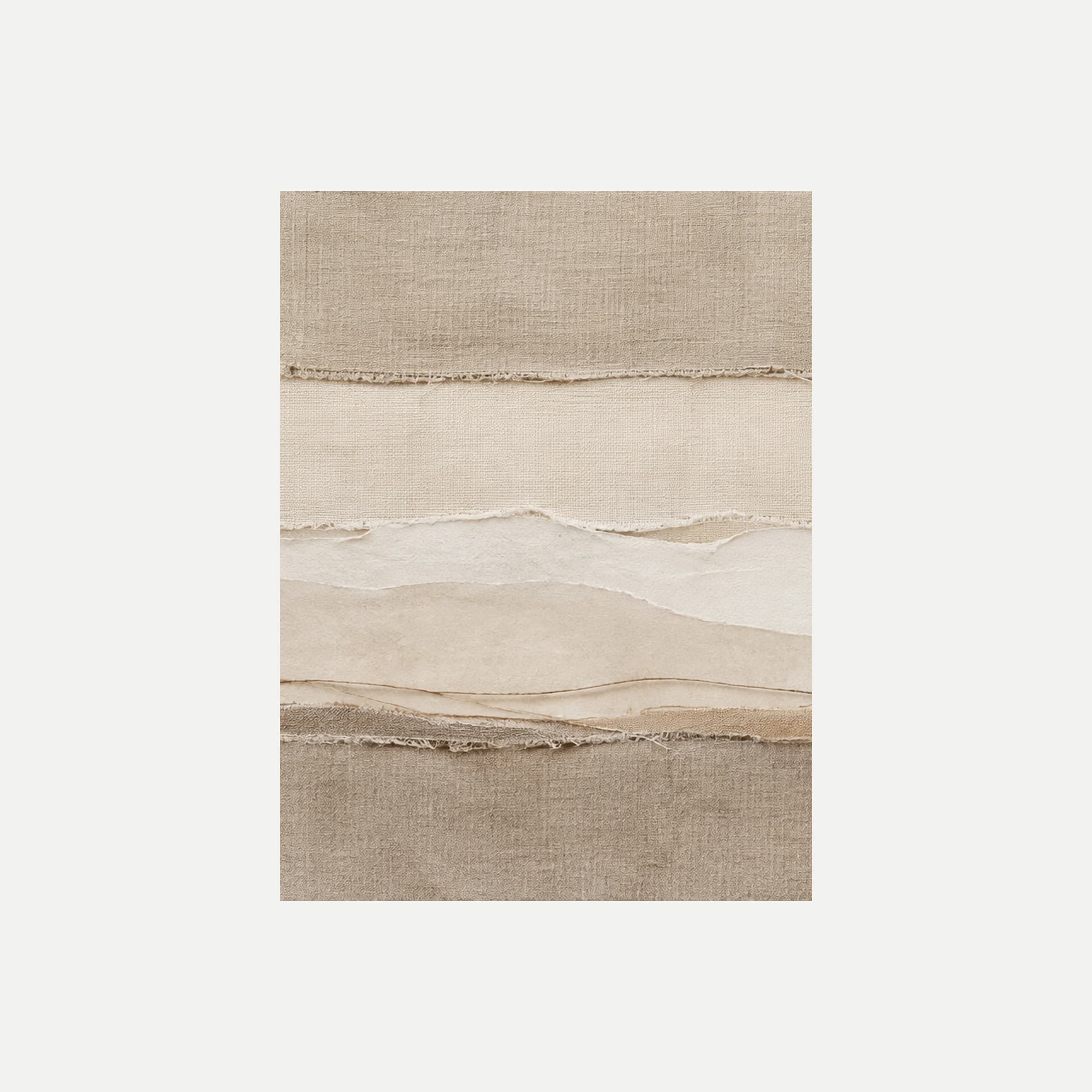 Linen Horizon I: franjas horizontales beige y crema con una banda clara de borde irregular, sin marco, sobre fondo neutro.
