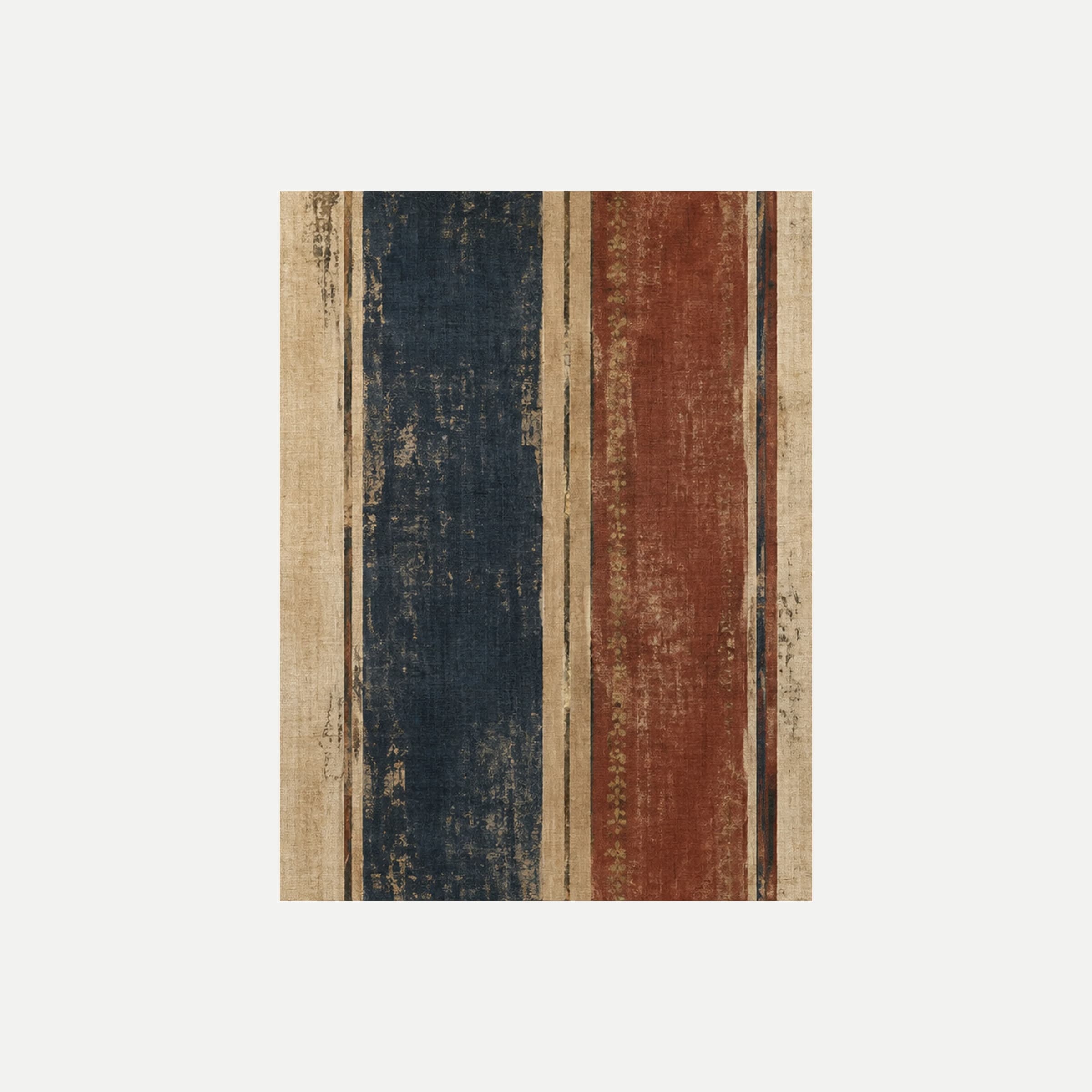 Old World Stripe II: una amplia franja azul oscura entre bandas crema y rojizas con líneas ocre, sin marco, sobre fondo neutro.