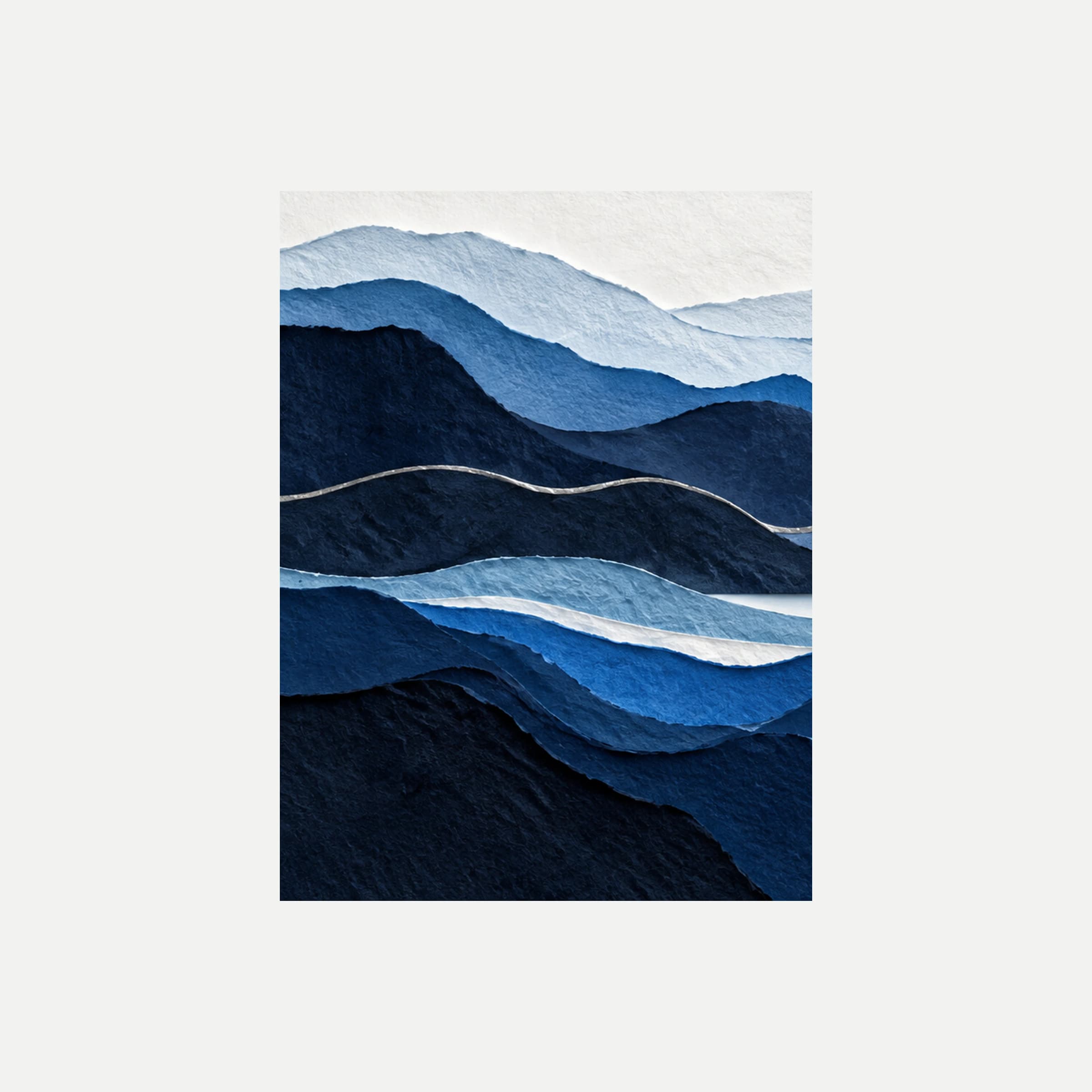 Paper Horizon I: montañas azules superpuestas en capas con un primer plano oscuro, sin marco, sobre fondo neutro.