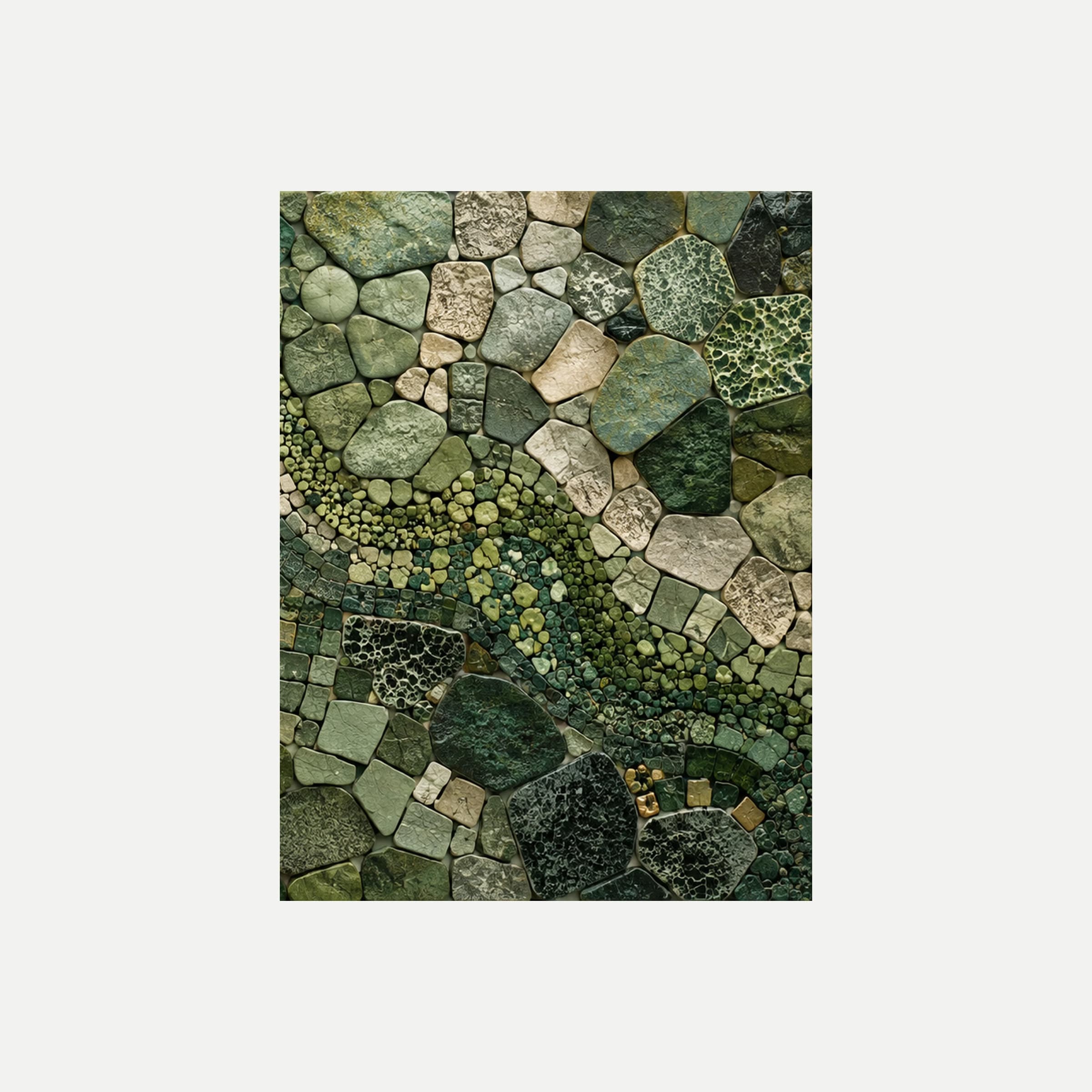 Forest Floor Tesserae III: fragmentos verdes y grises que rodean una curva beige, sin marco, sobre fondo neutro.