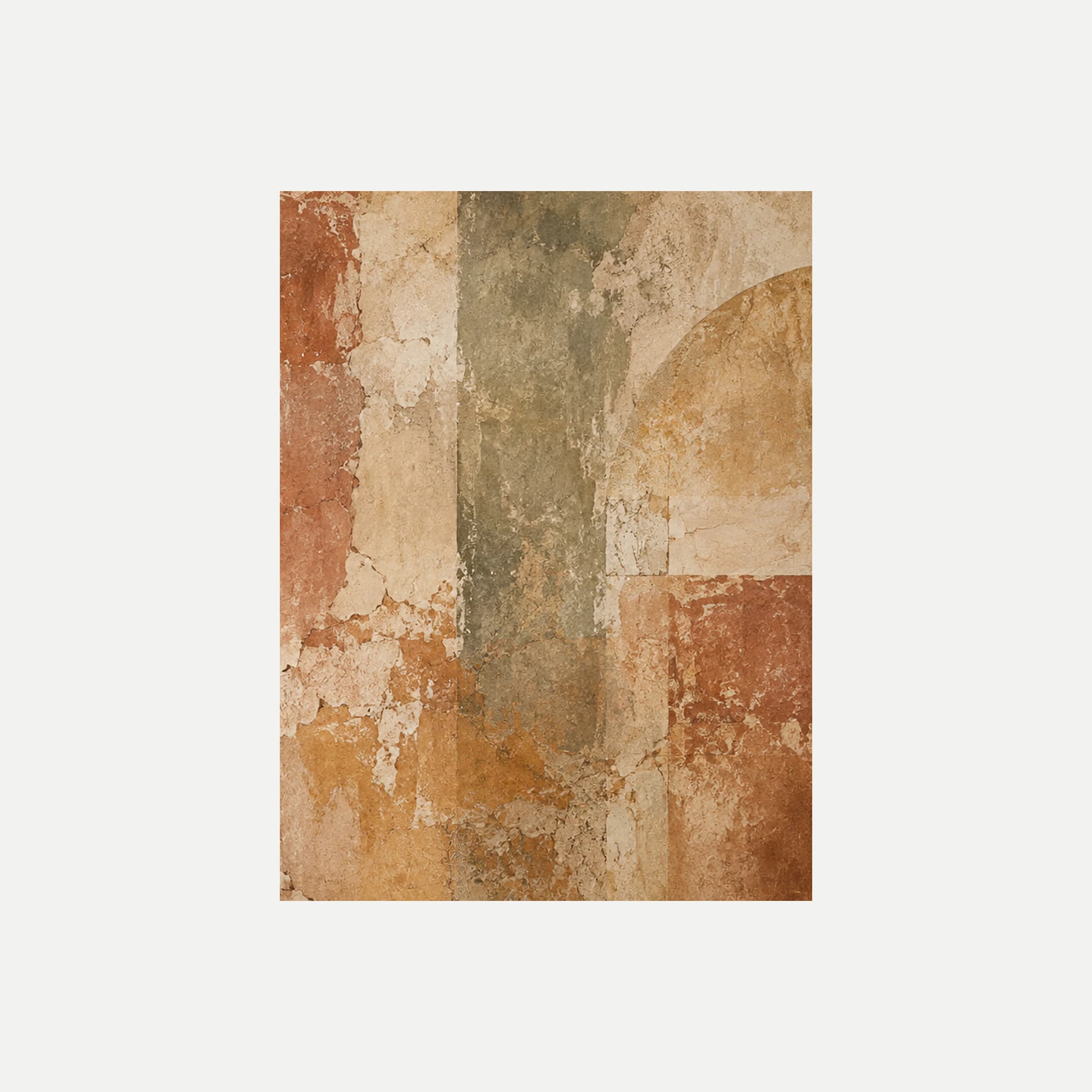 Tuscan Wall III: formas verde grisáceo y terracota junto a una banda crema con suaves curvas ocre, sin marco, sobre fondo neutro.