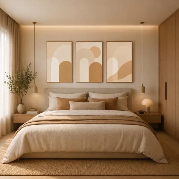 Dormitorio luminoso decorado con el tríptico Arcos de Arena