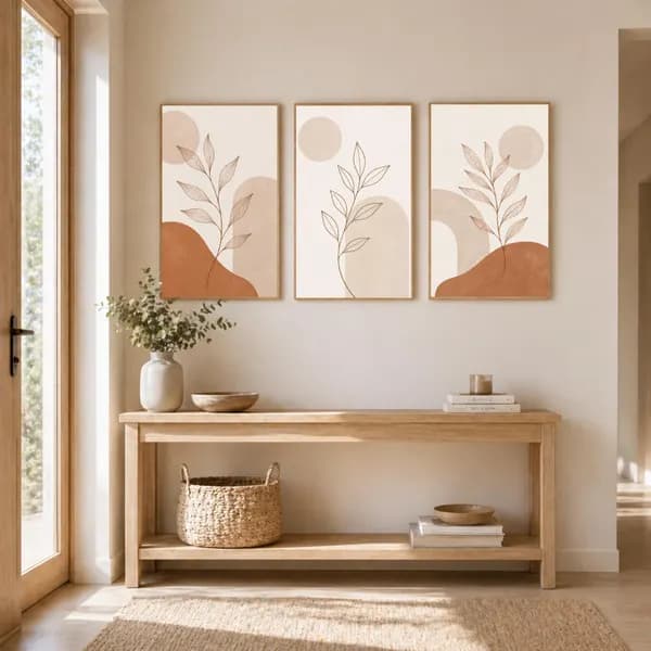 Tríptico botánico en tonos terracota y beige con inspiración Japandi