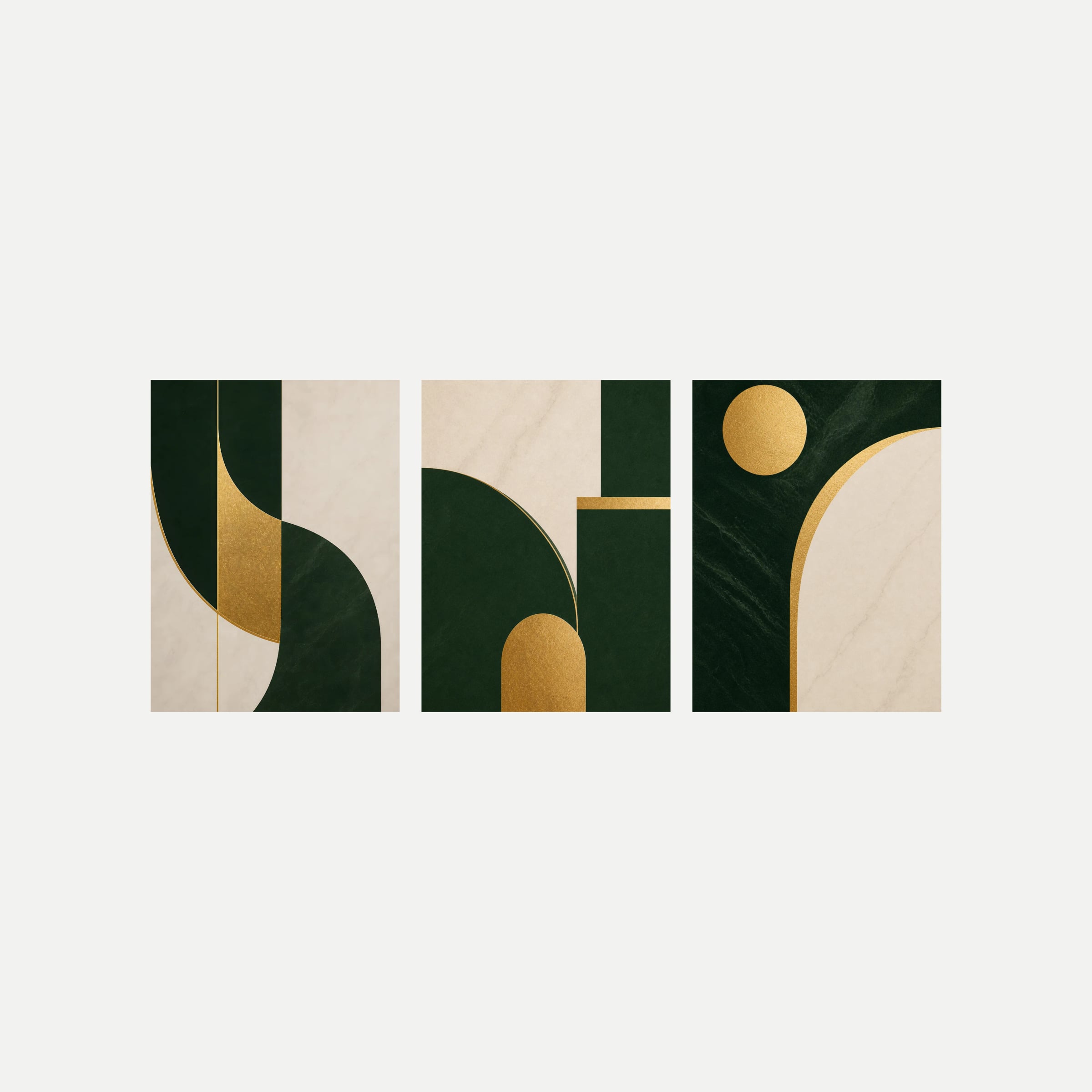 Tres paneles sobre fondo neutro con arcos verde bosque y crema, círculos y líneas de color dorado.