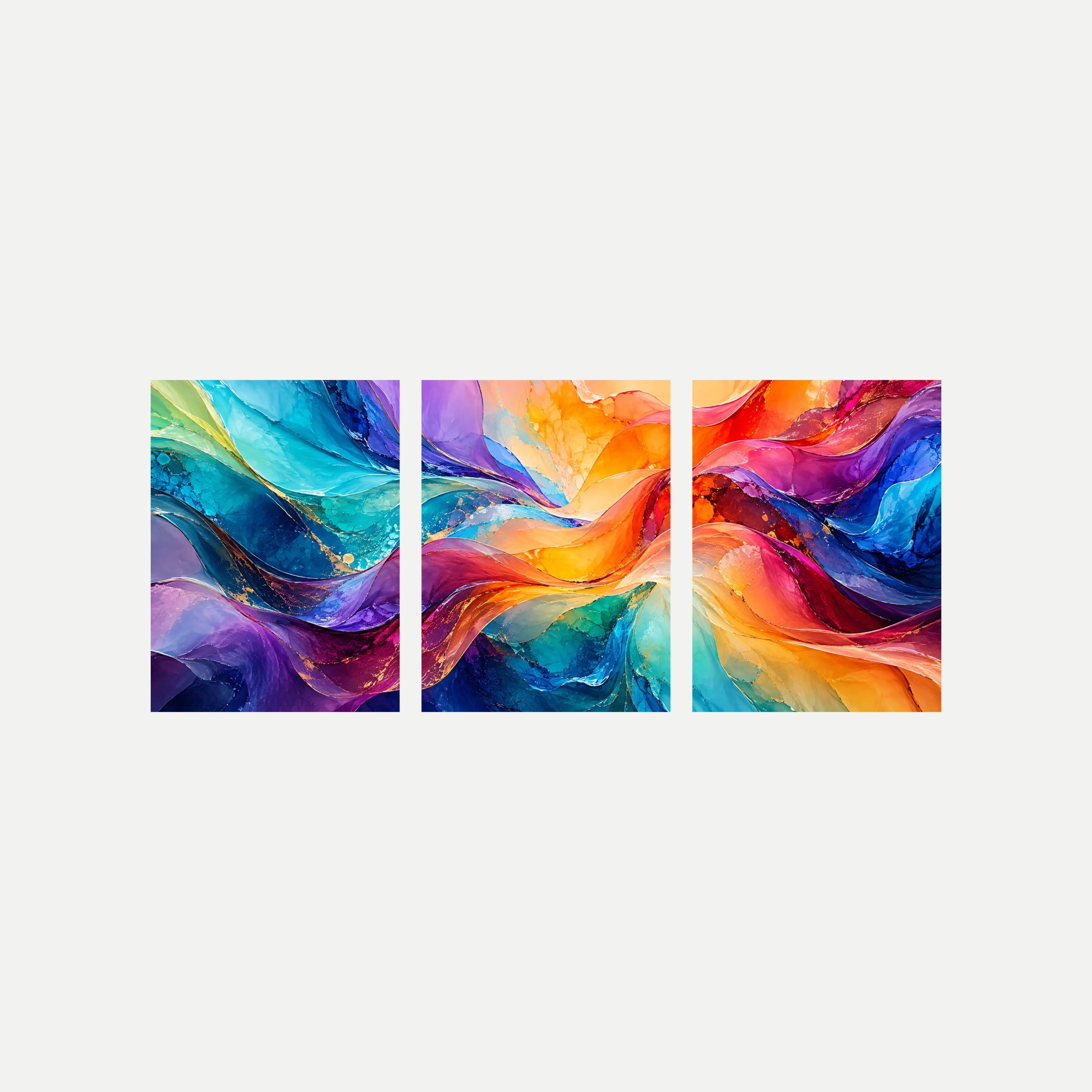 Tres paneles sobre fondo neutro con ondas fluidas turquesa, azules, violetas, rosas y naranjas alrededor de un centro luminoso.