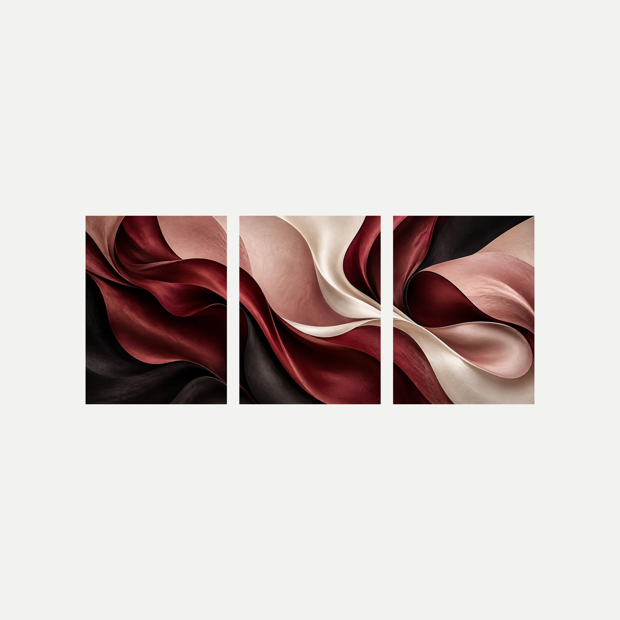 Tres paneles verticales sobre fondo neutro con pliegues abstractos burdeos, rosa, marfil y negro que se entrelazan.