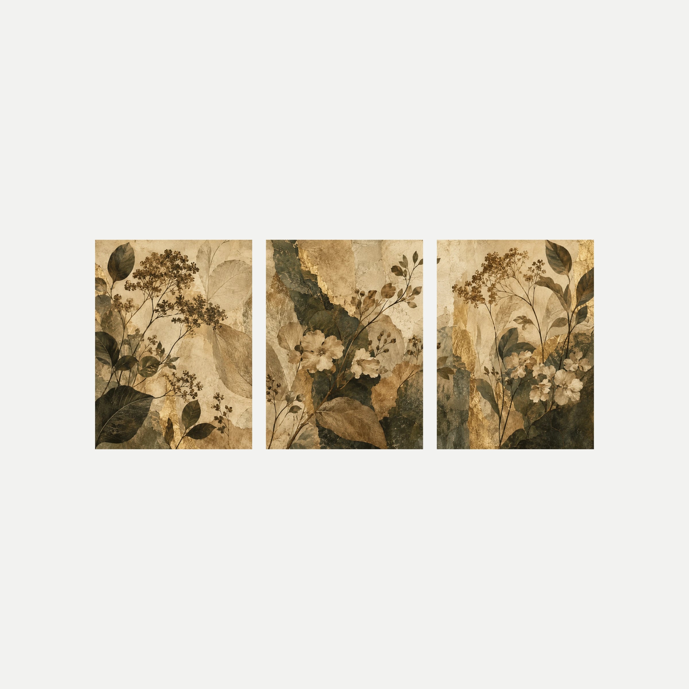 Tres paneles sobre fondo neutro con hojas verde oliva, flores crema y ramas finas sobre capas de color sepia y beige envejecido.