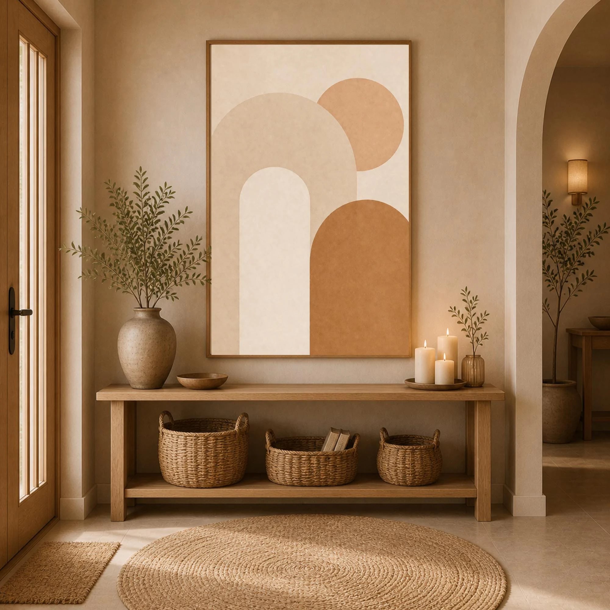 Lámina de paisaje abstracto moderno en tonos beige y arena
