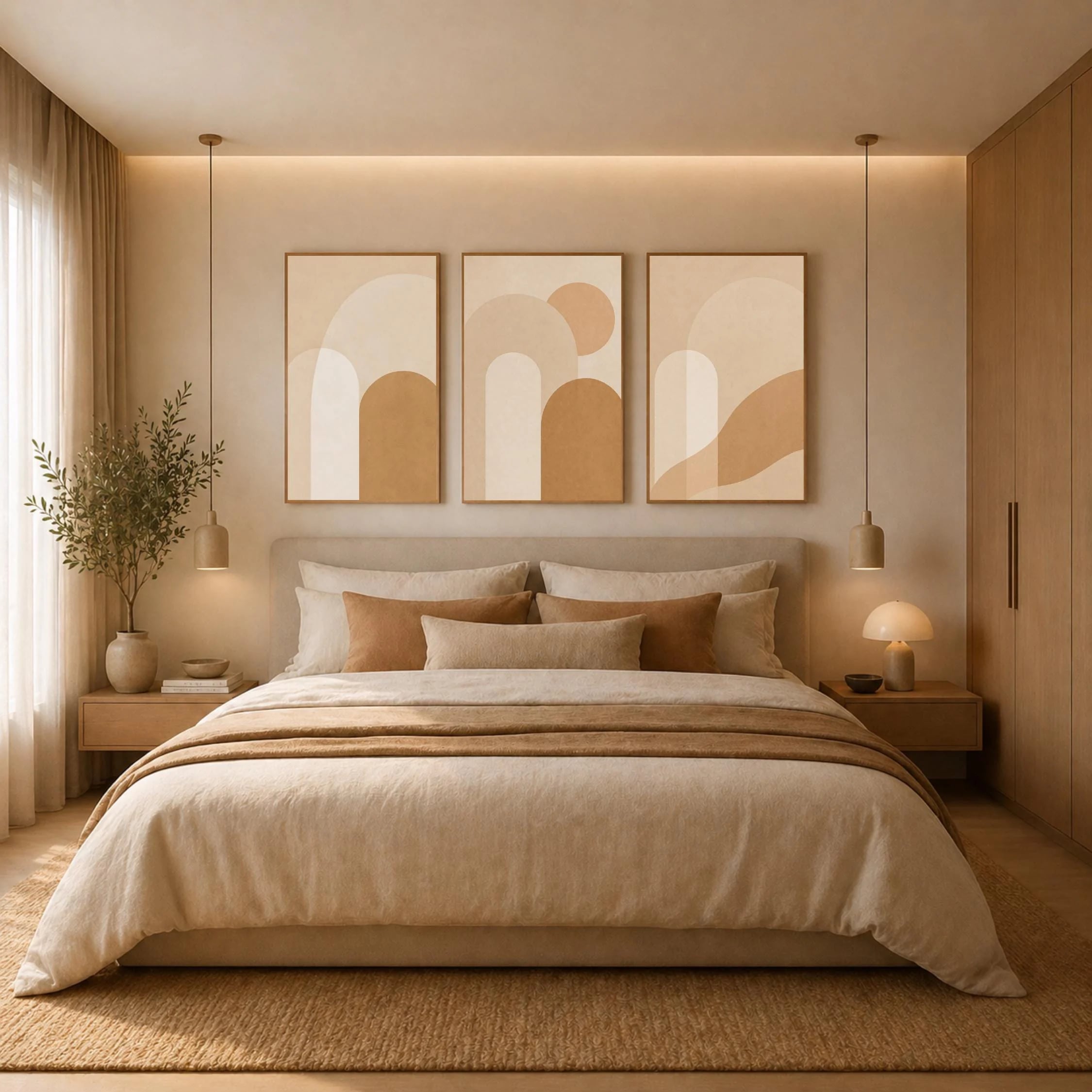 Tríptico de arcos abstractos beige y terracota en un dormitorio luminoso