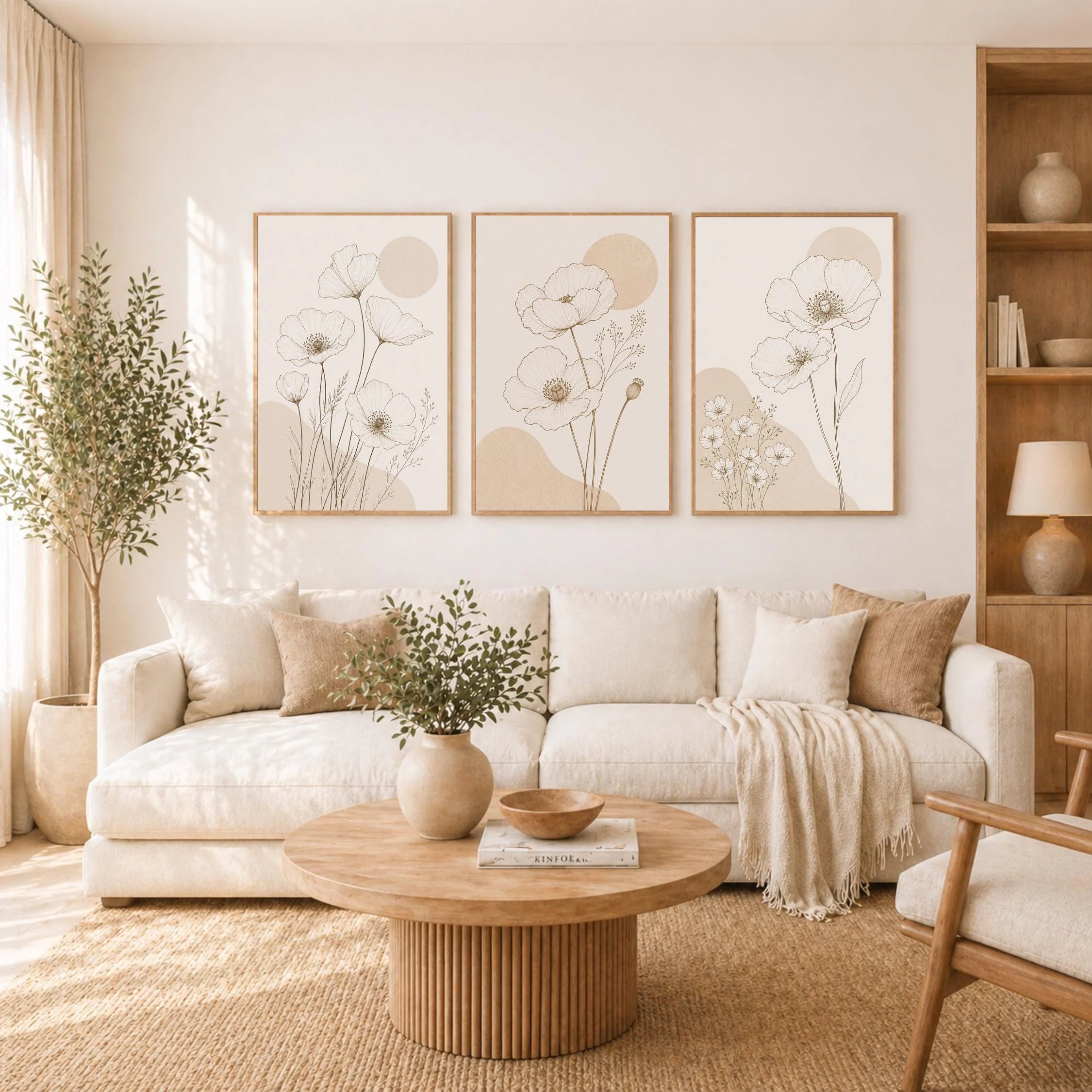 Tres láminas florales minimalistas en beige y negro sobre una pared clara