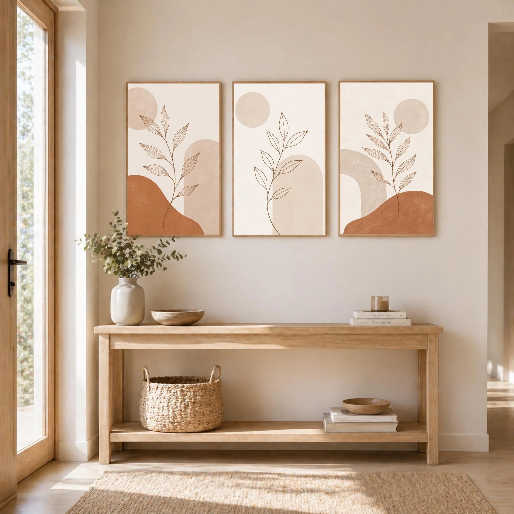 Tríptico de hojas terracota ambientado en un dormitorio