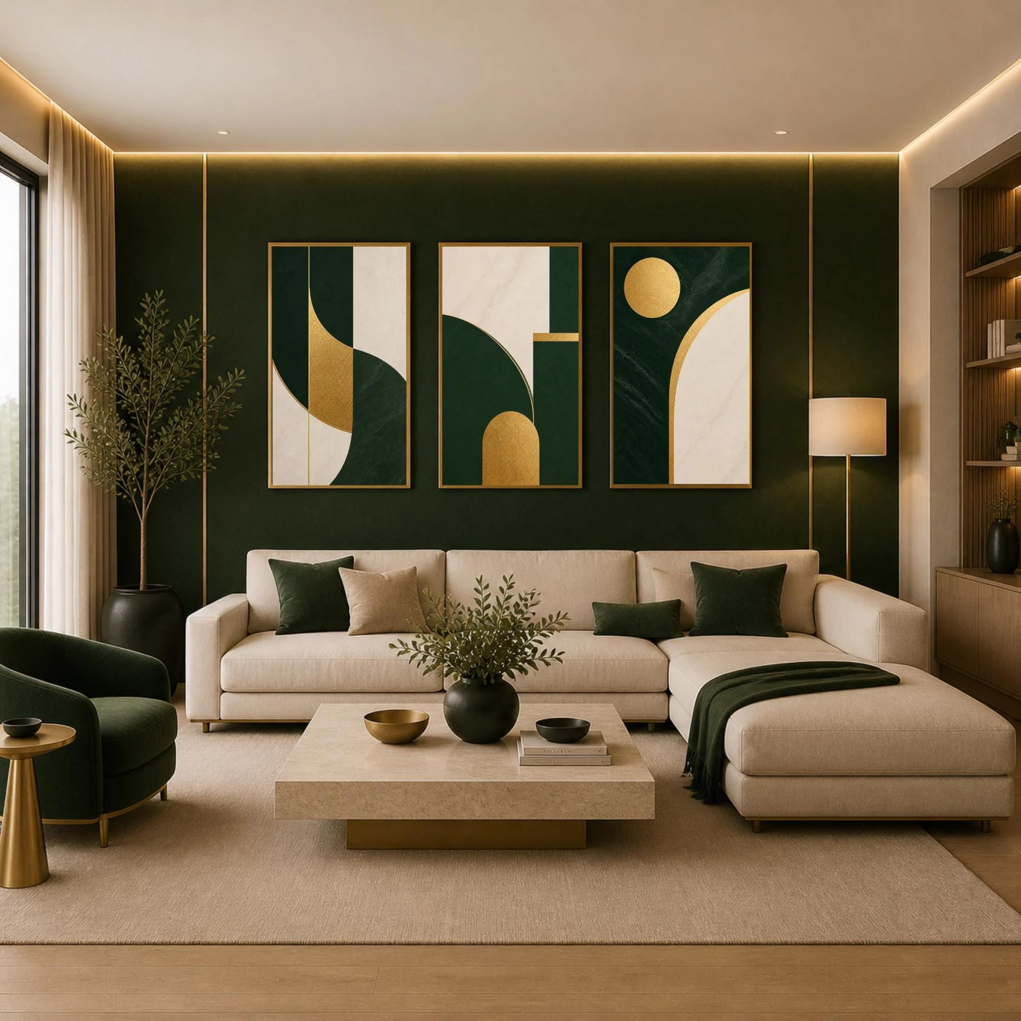 Salón moderno con un tríptico geométrico verde y dorado sobre un sofá claro