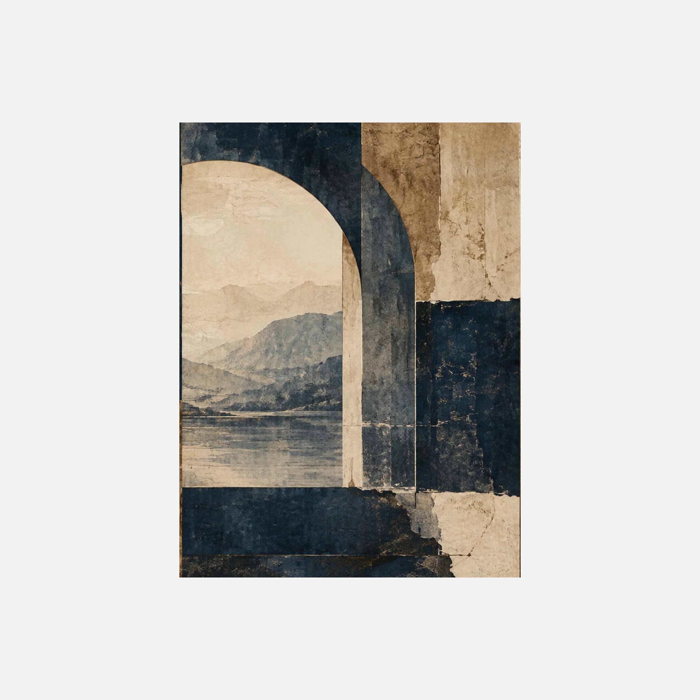 Indigo Ledger II: un gran arco crema que enmarca montañas azul grisáceo y agua entre bloques oscuros, sin marco, sobre fondo neutro.