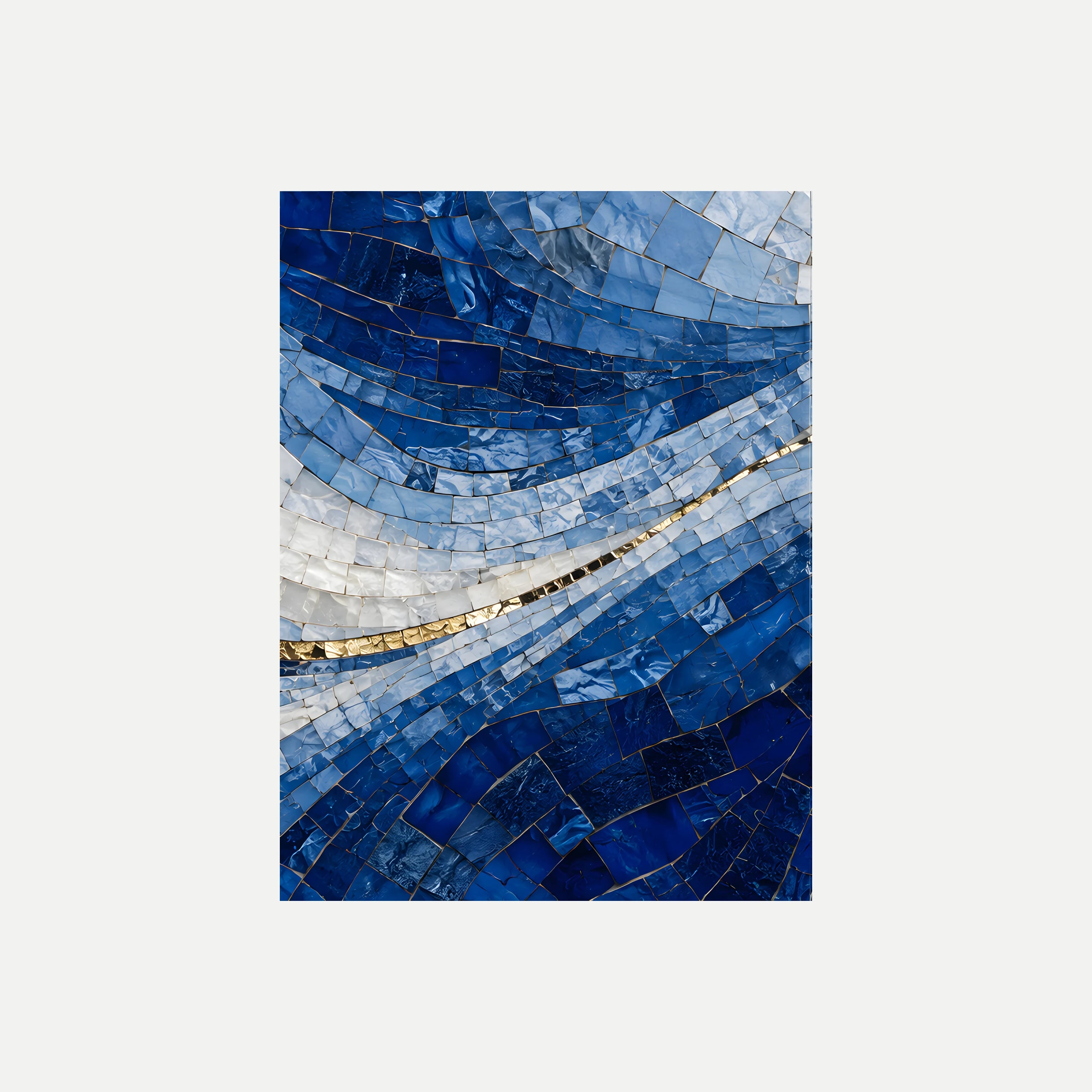 Tidal Tesserae II: franjas curvas azul profundo y blanco que atraviesan la imagen en diagonal, sin marco, sobre fondo neutro.